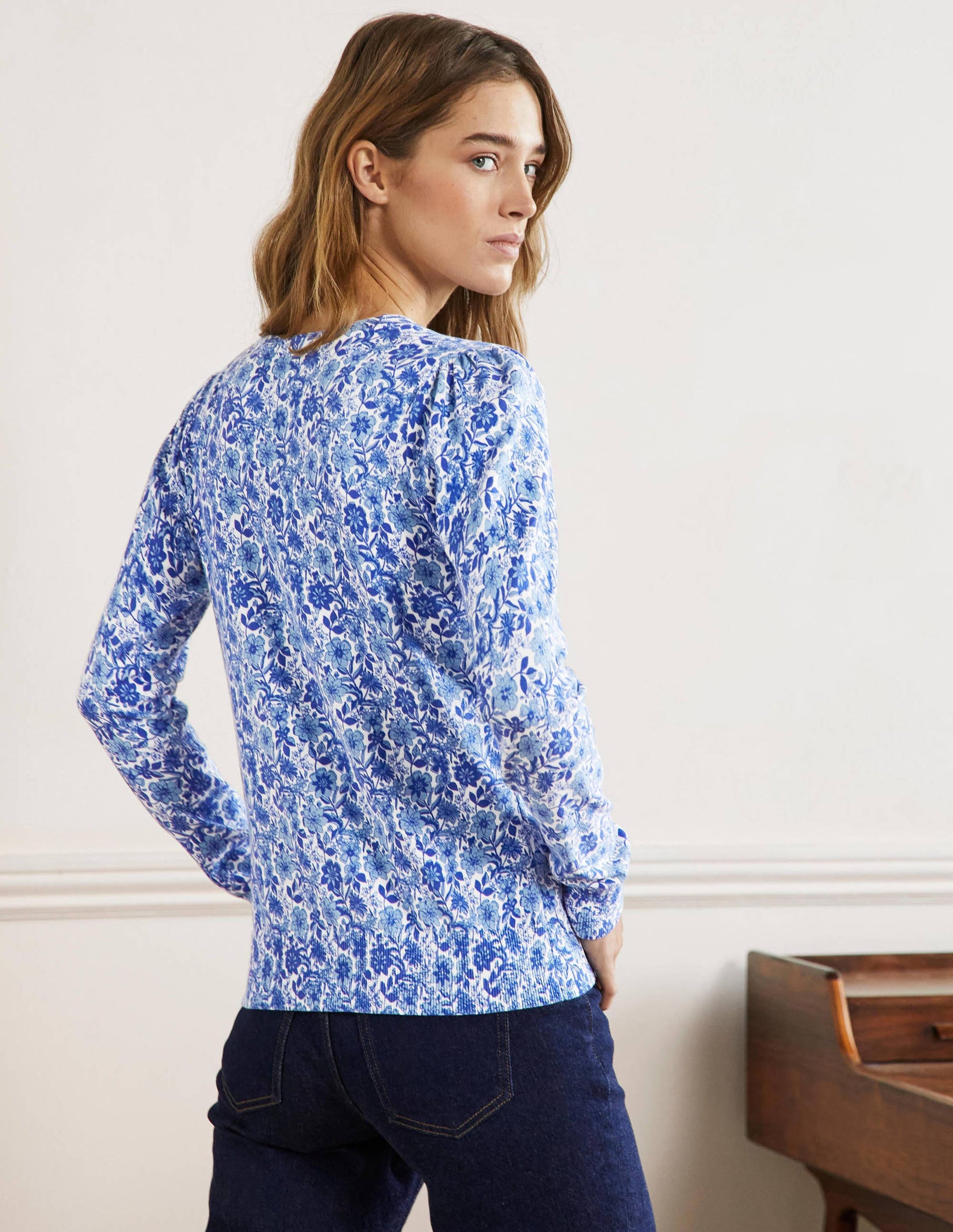 Cotton Crew Neck Cardigan-Dawn Sky, Floret Bloom-3