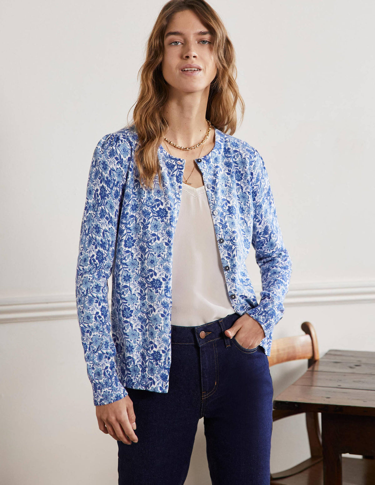 Cotton Crew Neck Cardigan-Dawn Sky, Floret Bloom - Image 4