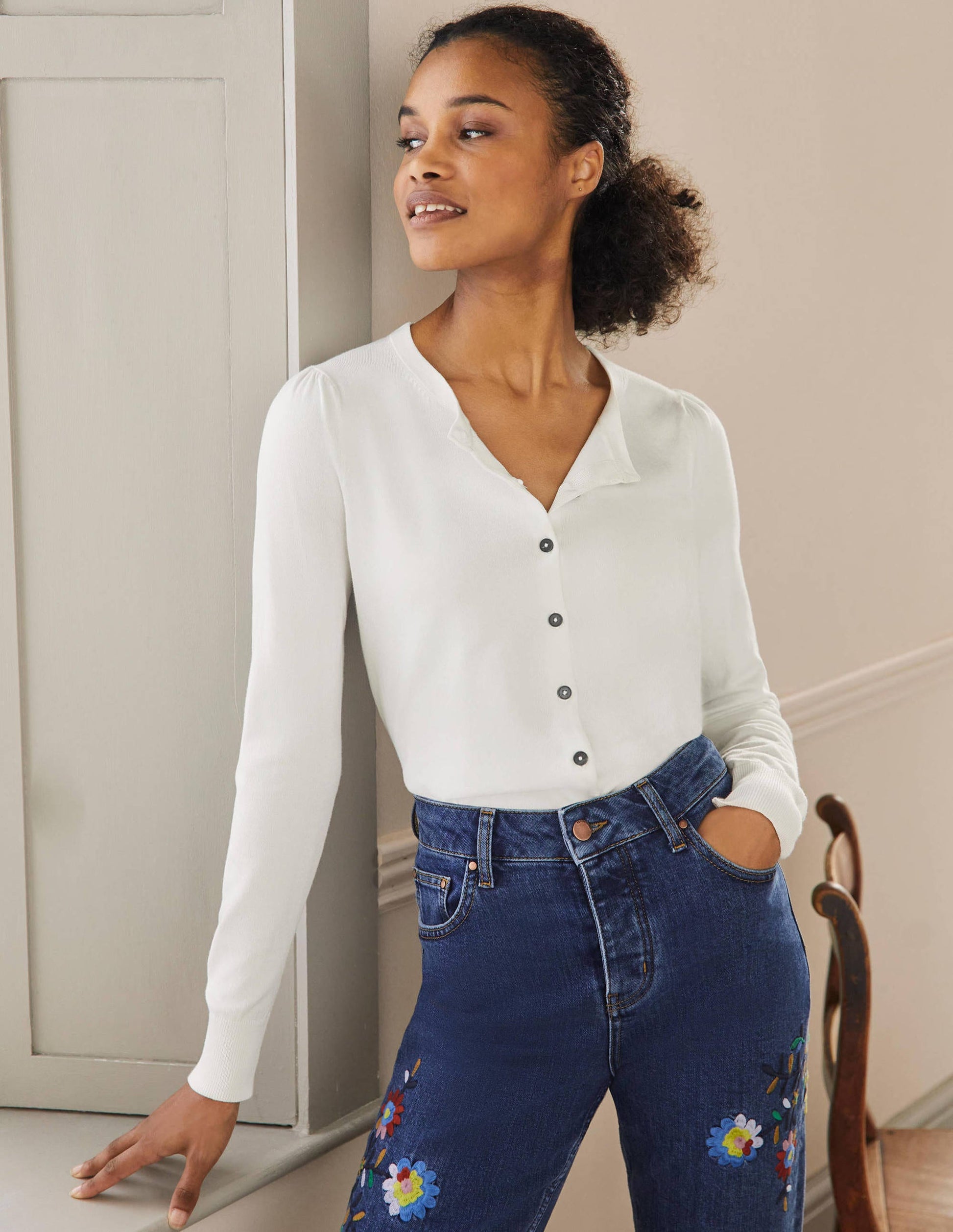 Cotton Crew Neck Cardigan-Ivory-1