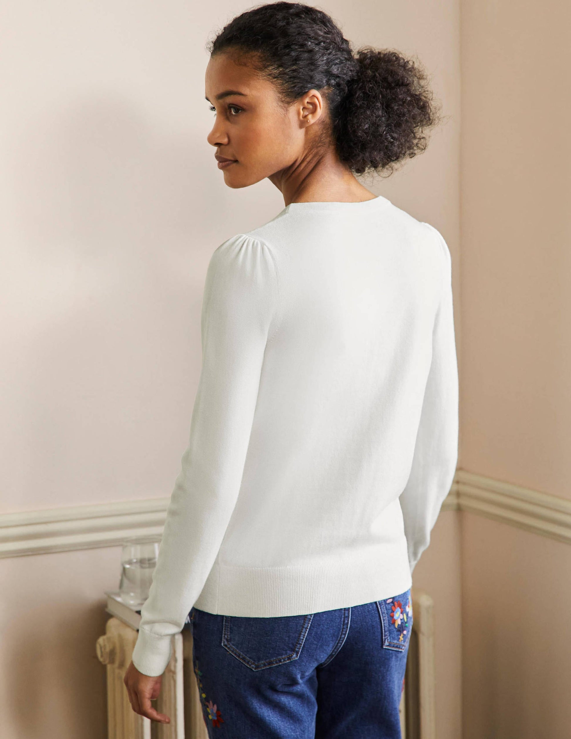 Cotton Crew Neck Cardigan-Ivory-3