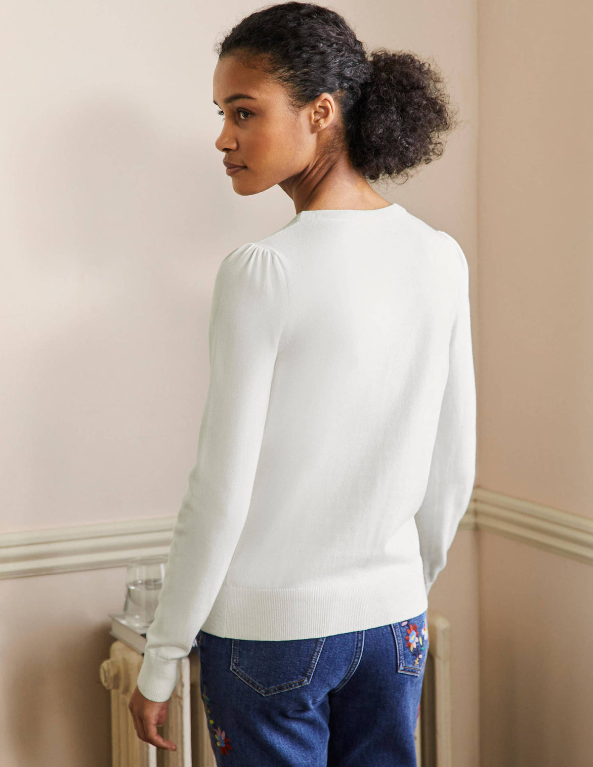 Cotton Crew Neck Cardigan-Ivory - Image 3