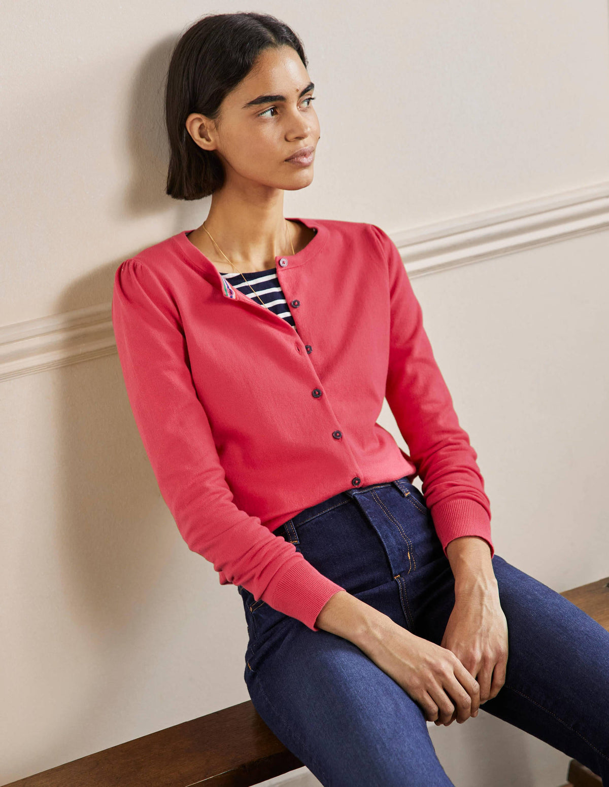 Cotton Crew Neck Cardigan-Radish - Image 1