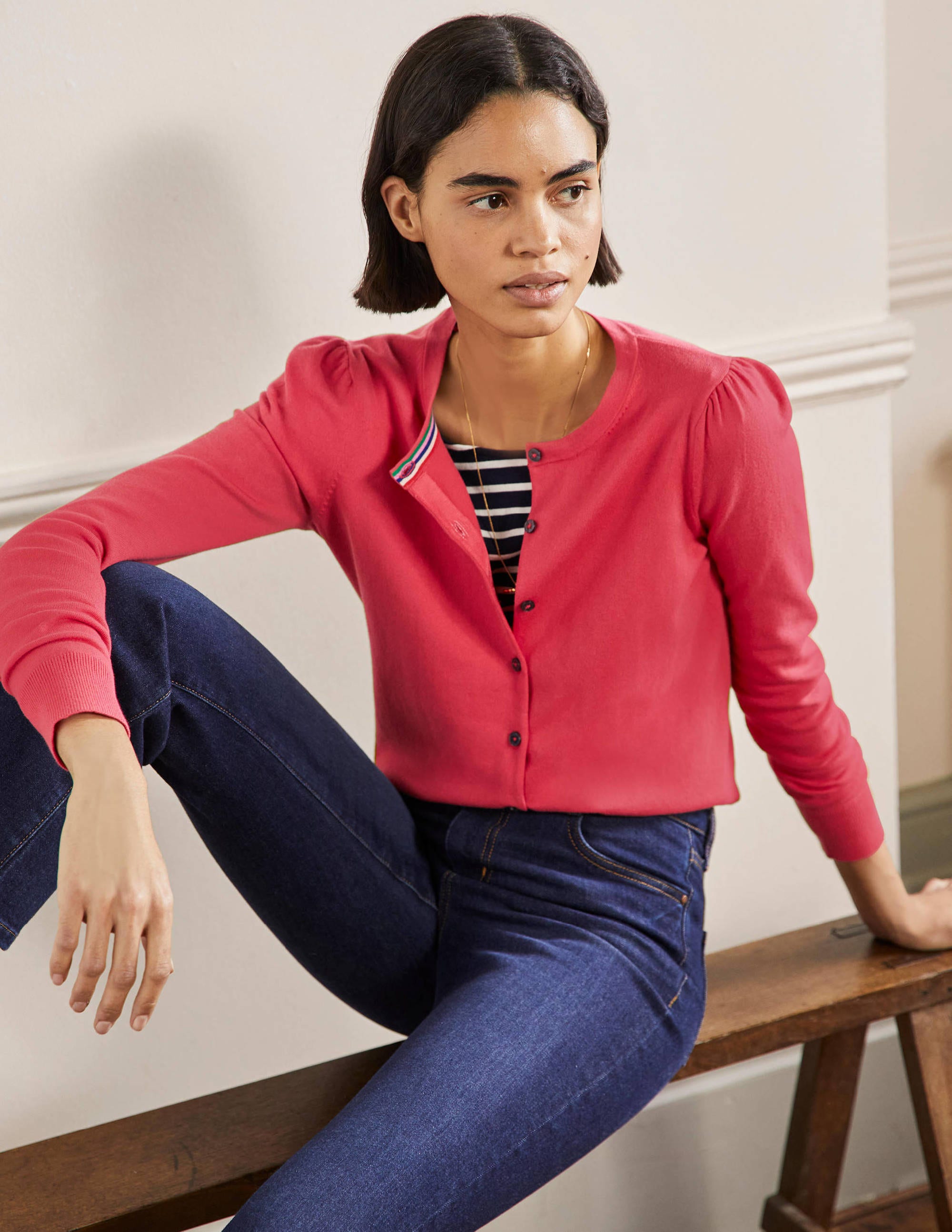 Cotton Crew Neck Cardigan-Radish - Image 4