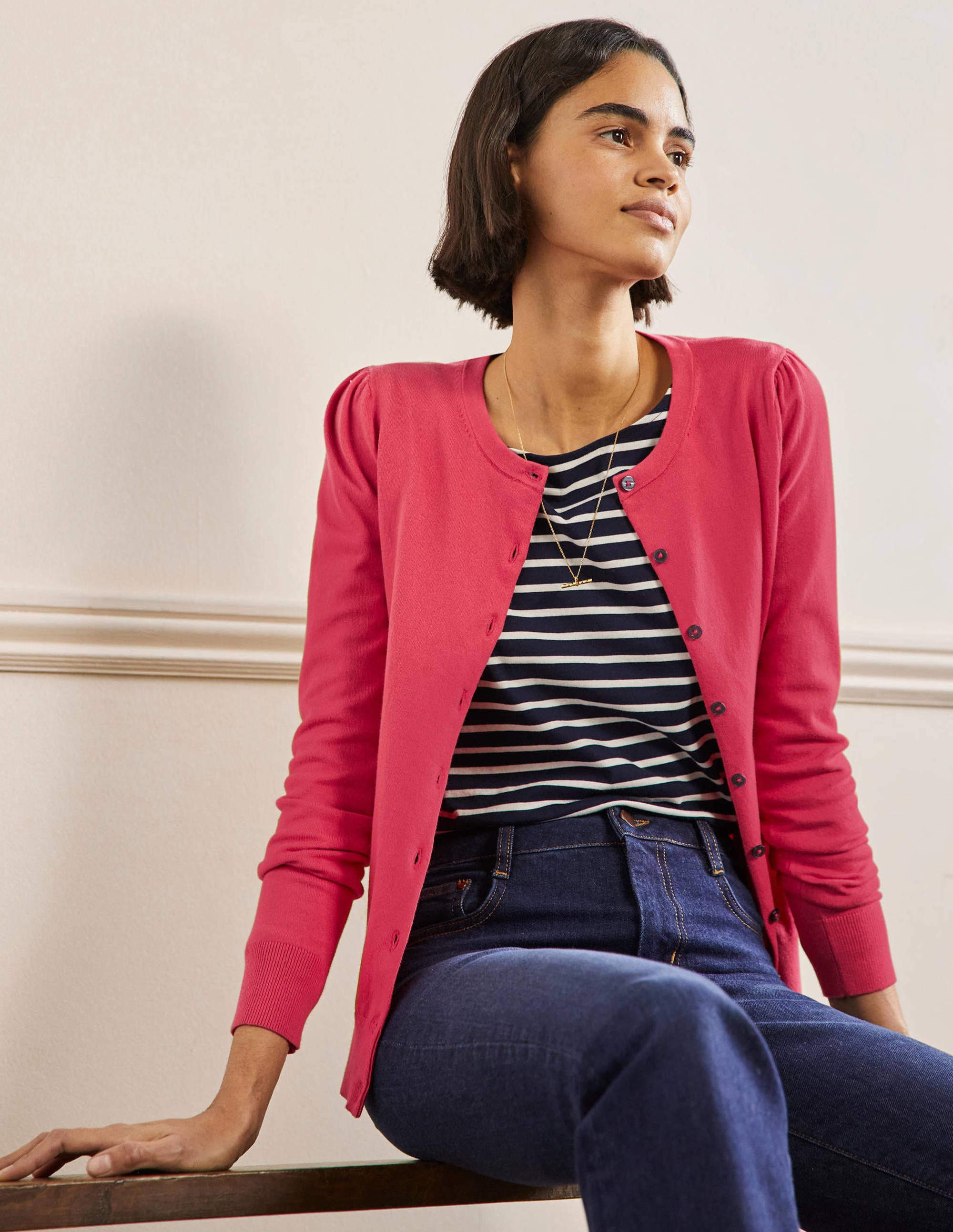 Cotton Crew Neck Cardigan-Radish - Image 5
