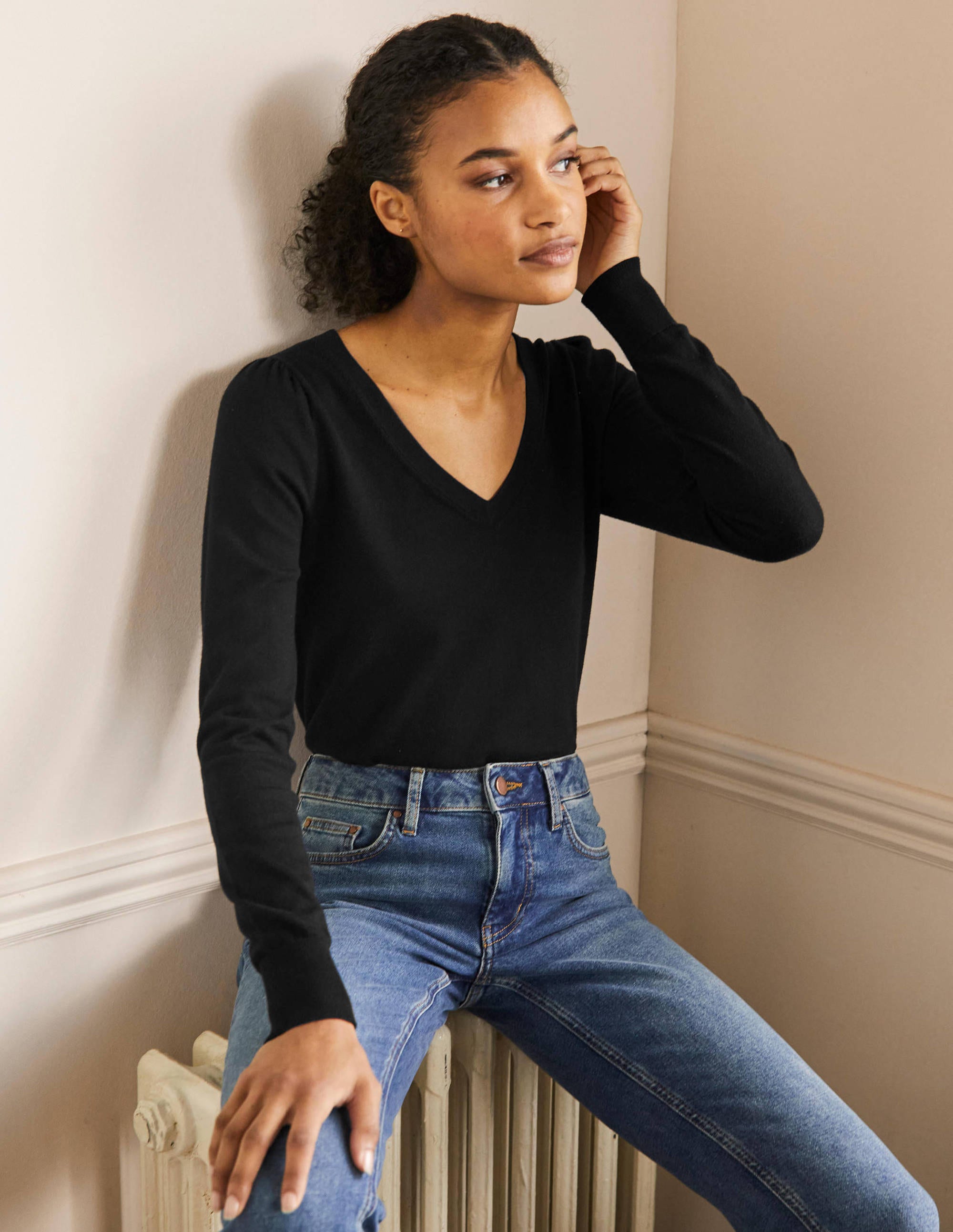 Cotton V-Neck Sweater-Black - Image 5