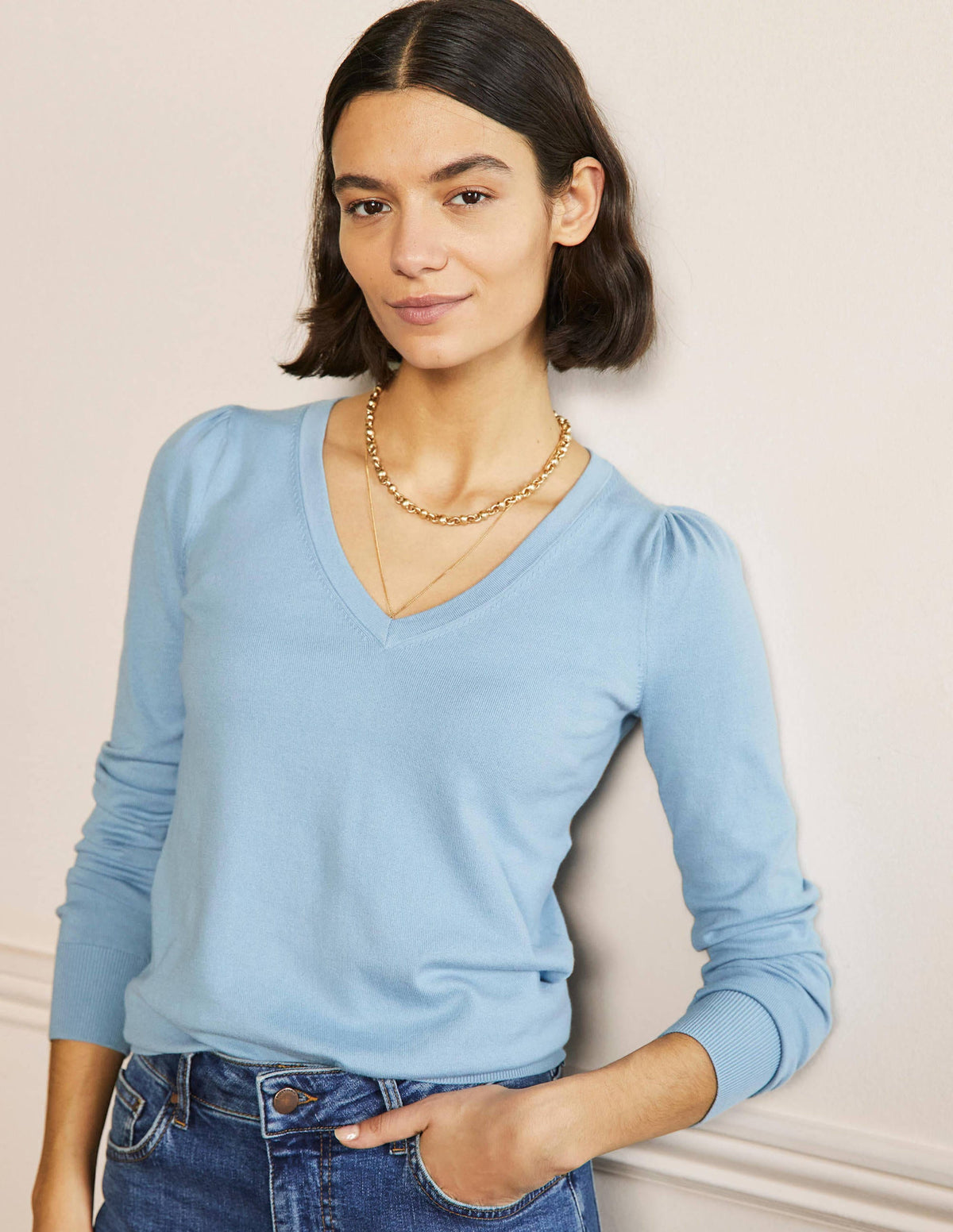 Cotton V-Neck Sweater-Dusty Blue - Image 1