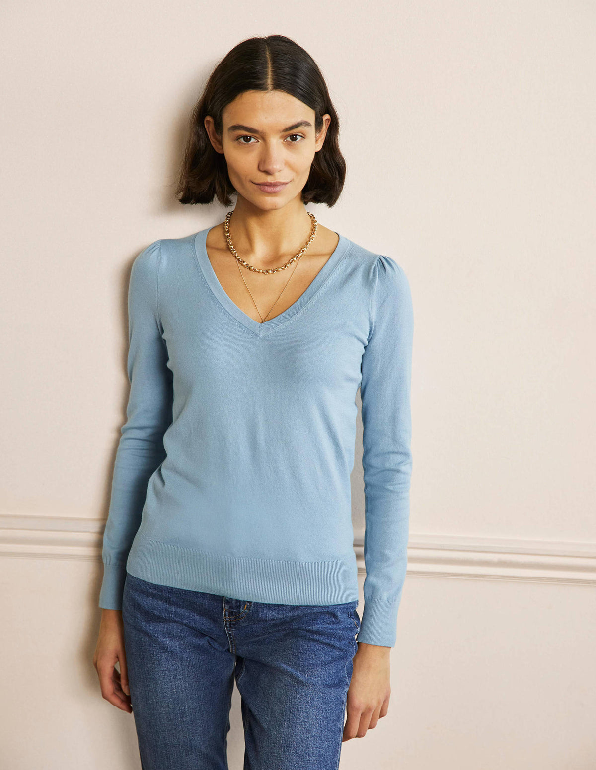 Cotton V-Neck Sweater-Dusty Blue - Image 4