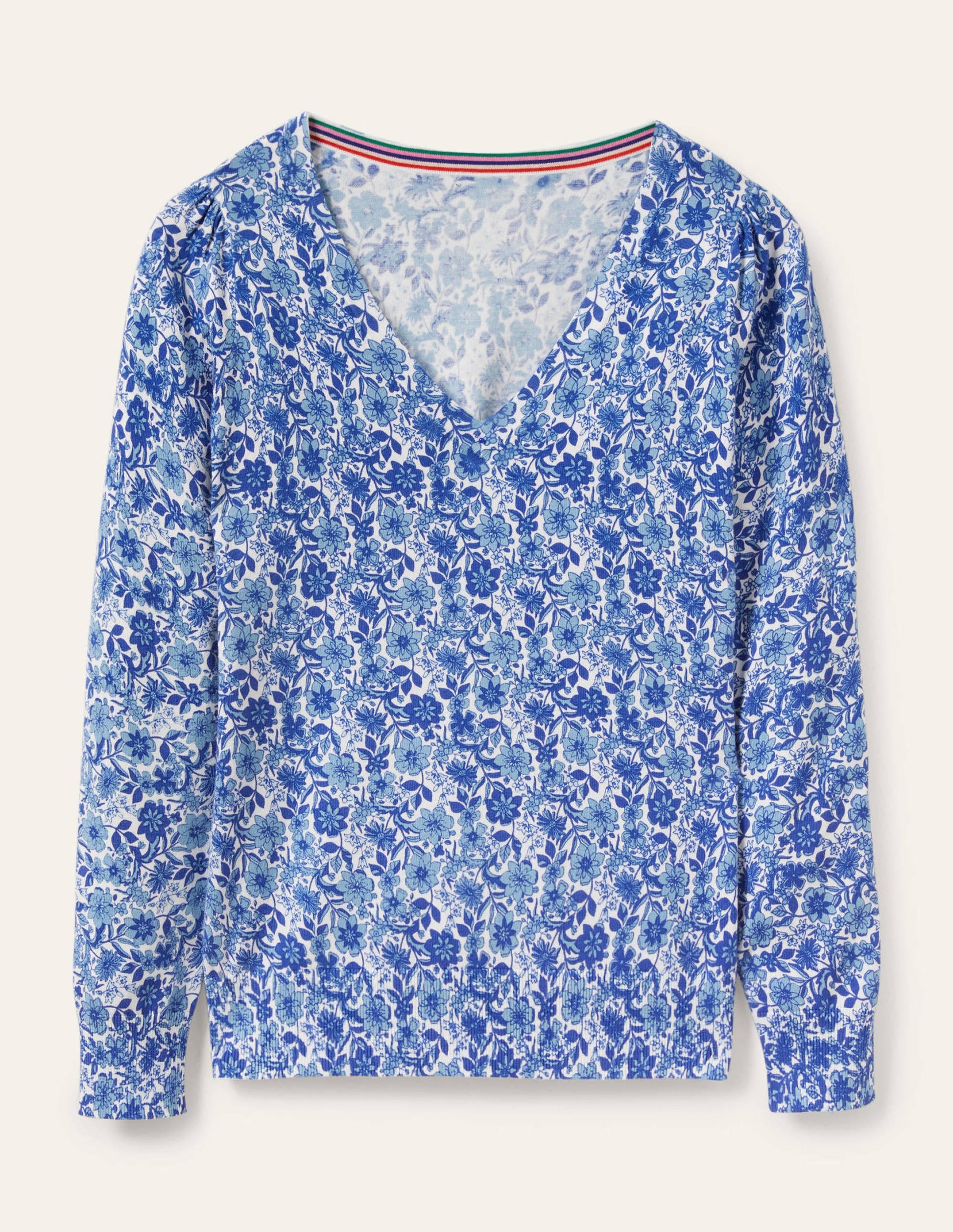 Cotton V-Neck Sweater-Dawn Sky, Floret Bloom-5