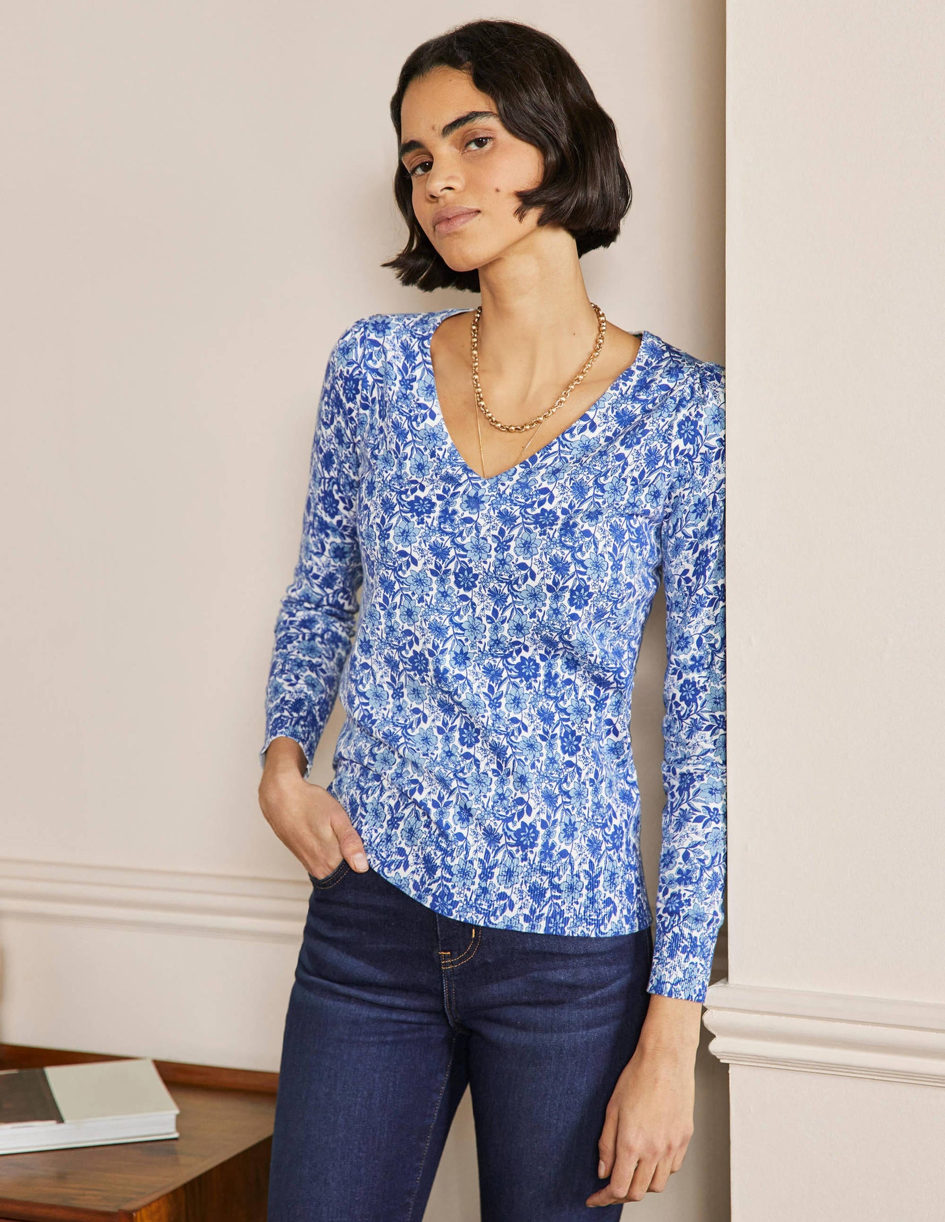 Cotton V-Neck Sweater-Dawn Sky, Floret Bloom-1