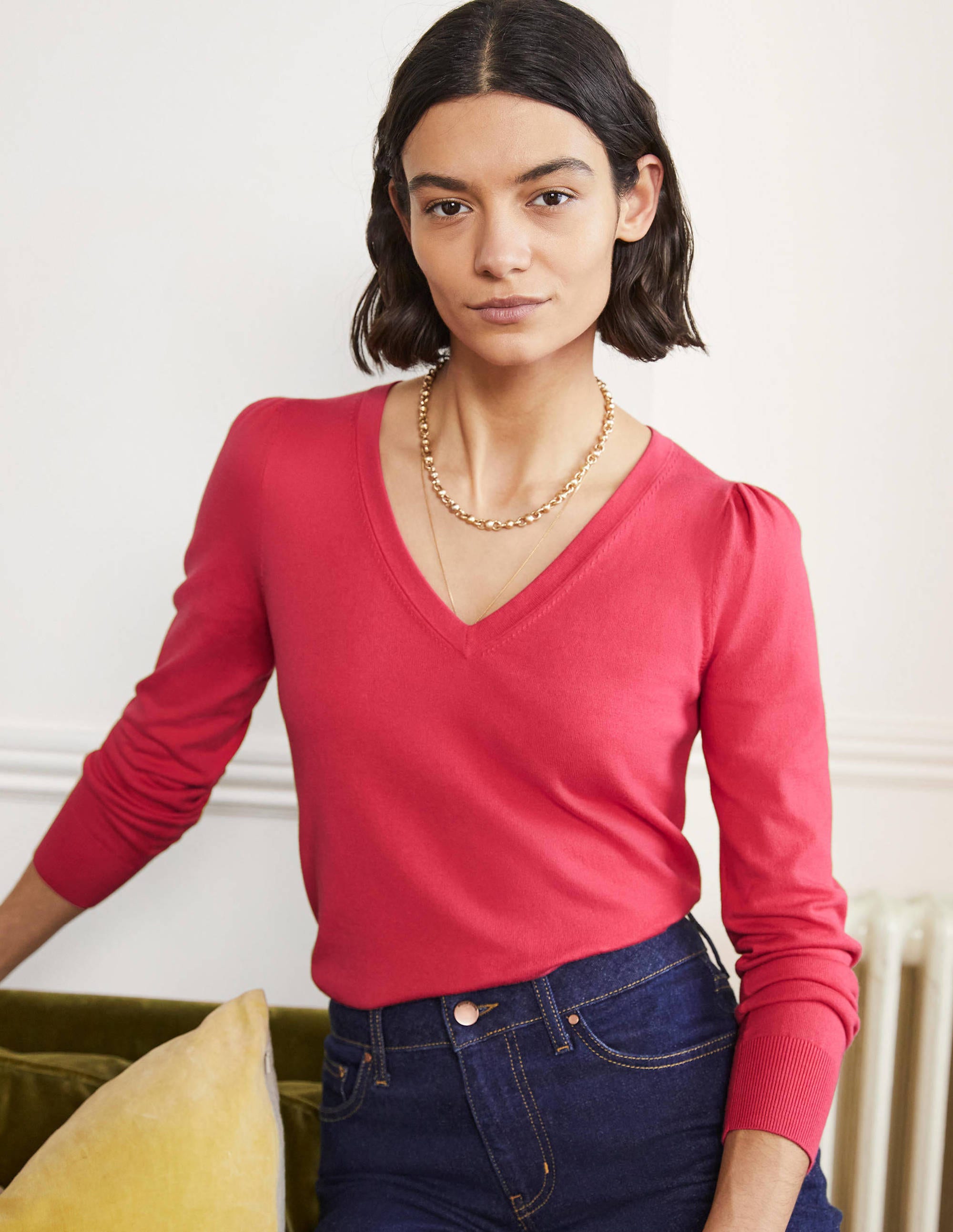Cotton V-Neck Sweater-Radish - Image 1
