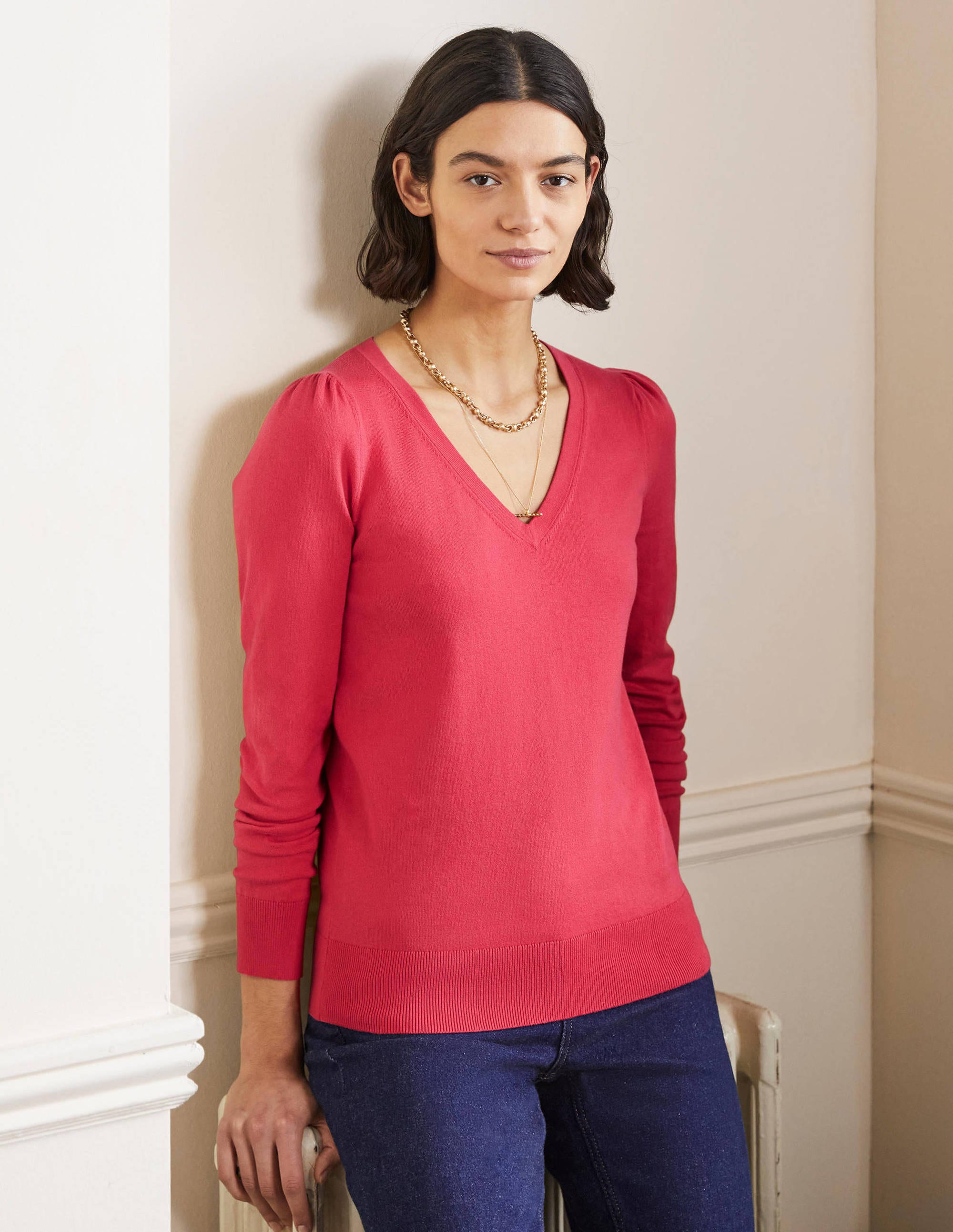 Cotton V-Neck Sweater-Radish - Image 4