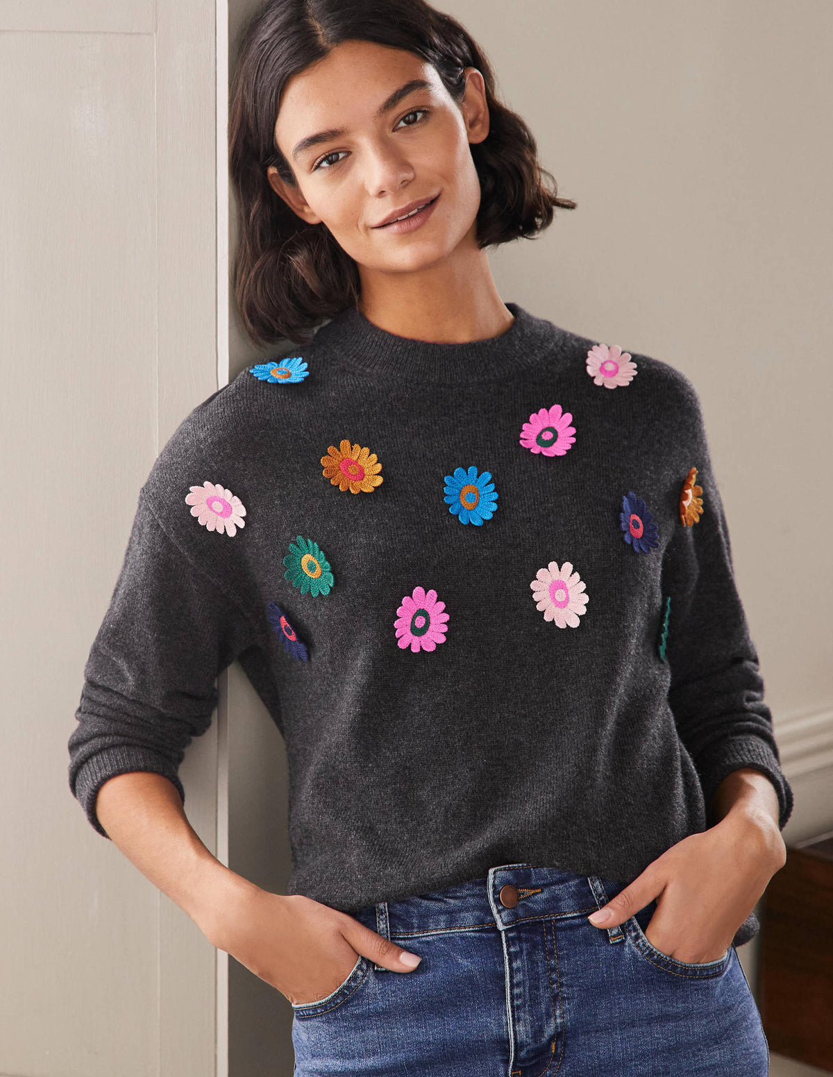Relaxed Embroidered Sweater-Charcoal Melange, Sunflower-1