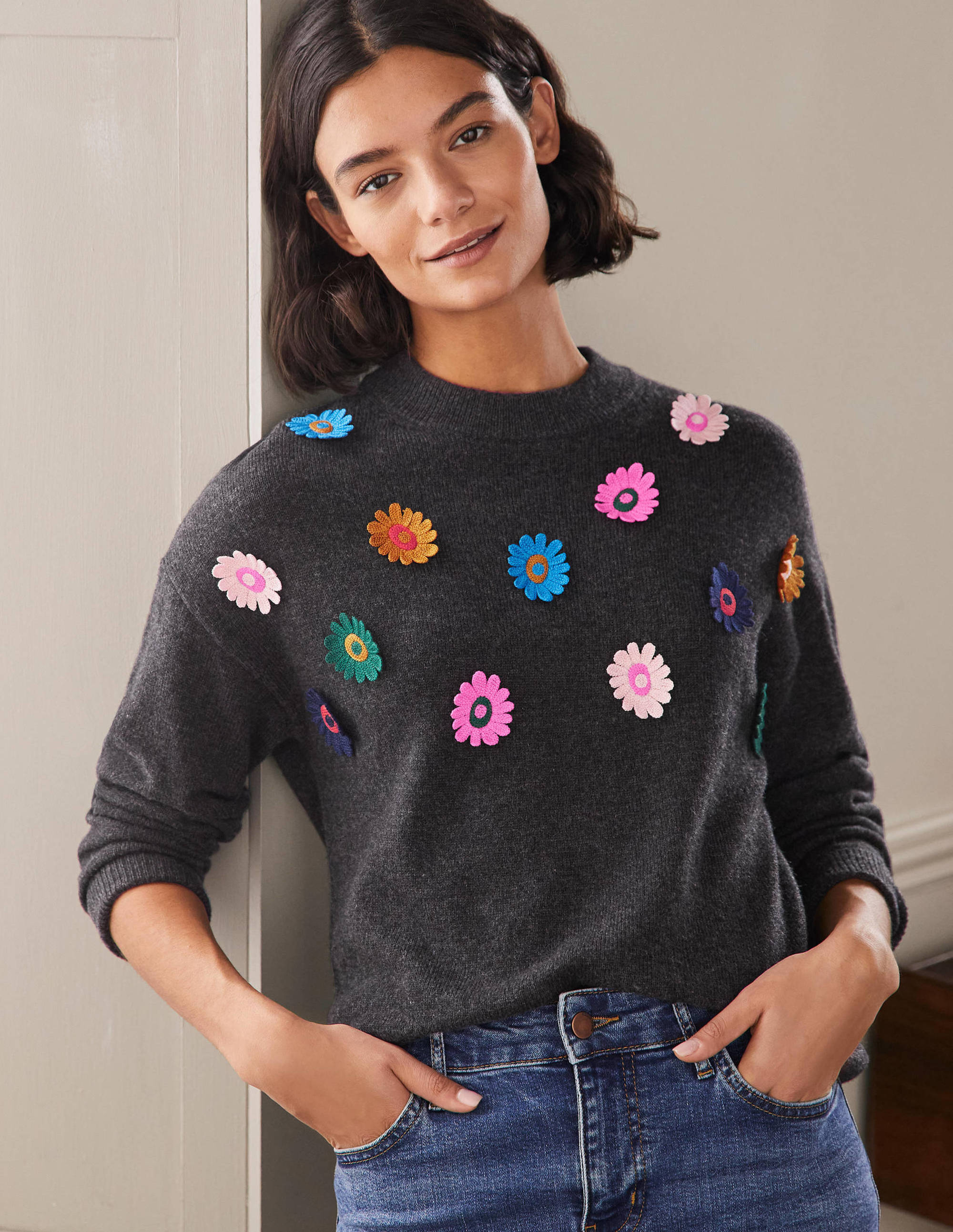 Relaxed Embroidered Sweater-Charcoal Melange, Sunflower - Image 1