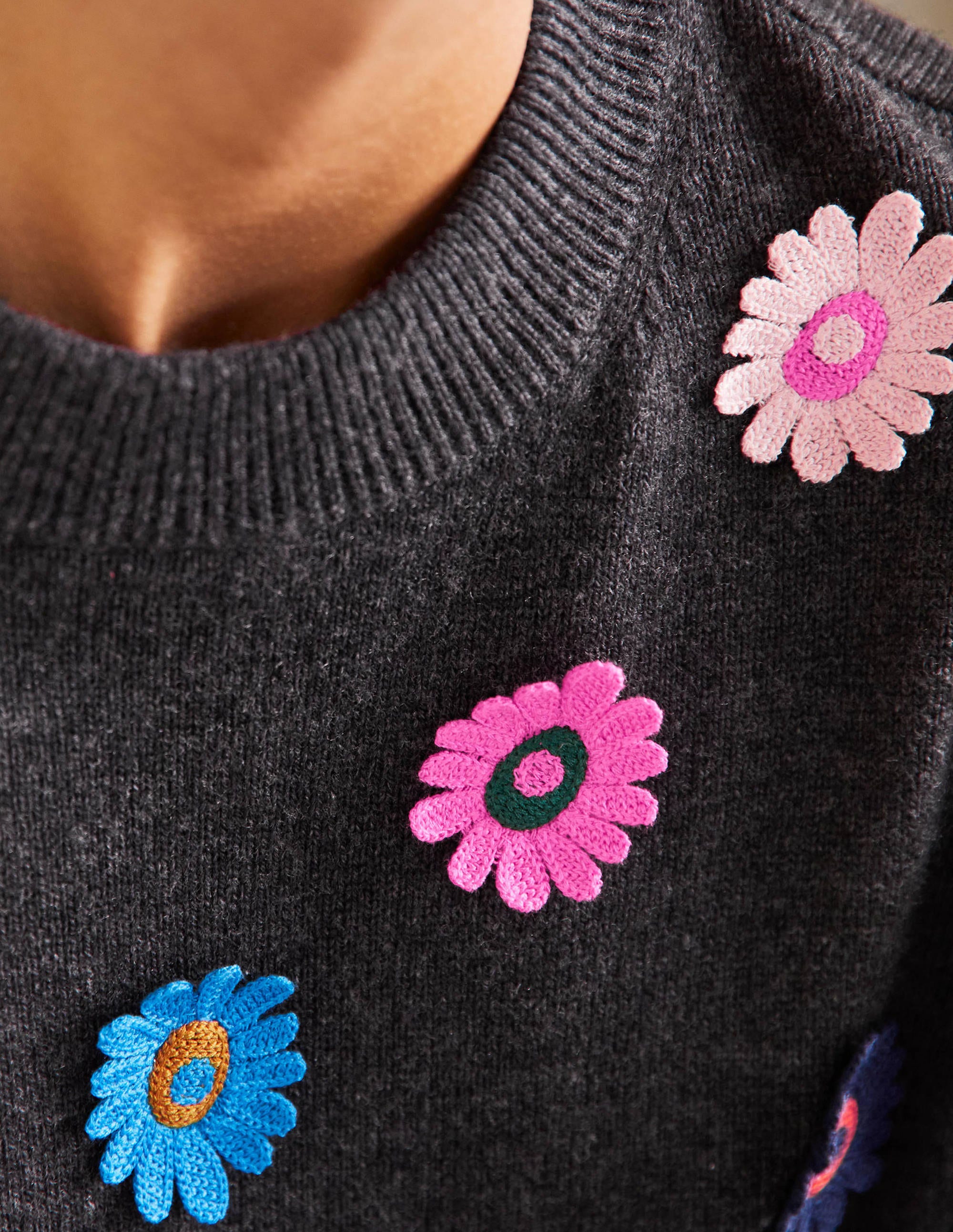 Relaxed Embroidered Sweater-Charcoal Melange, Sunflower - Image 2