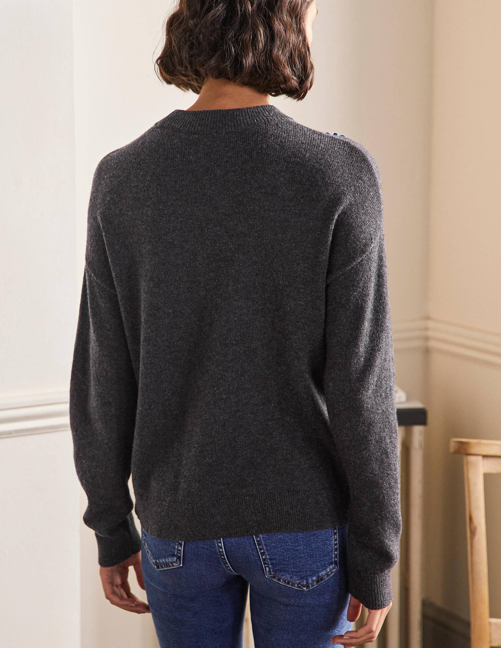 Relaxed Embroidered Sweater-Charcoal Melange, Sunflower - Image 3