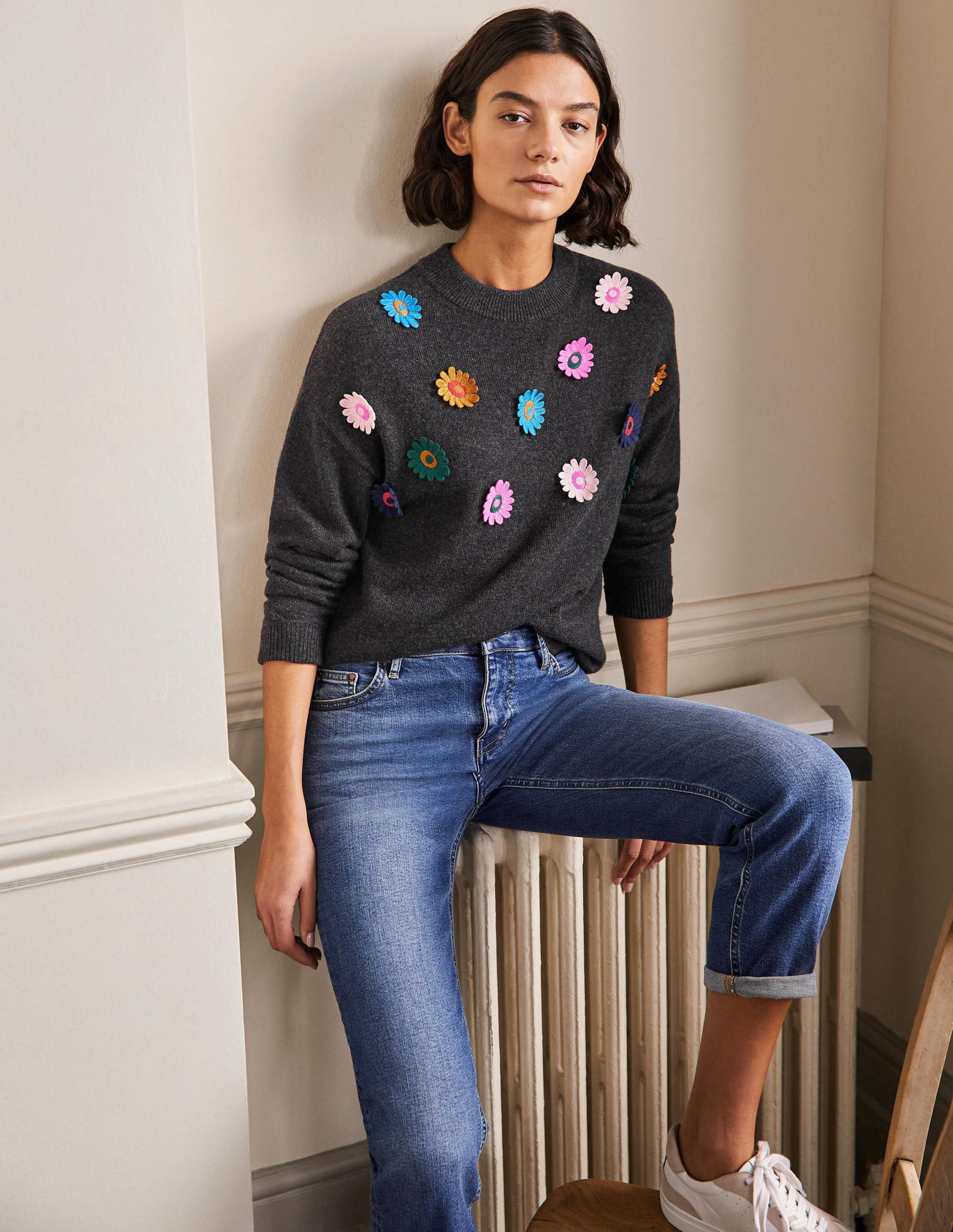 Relaxed Embroidered Sweater-Charcoal Melange, Sunflower - Image 4