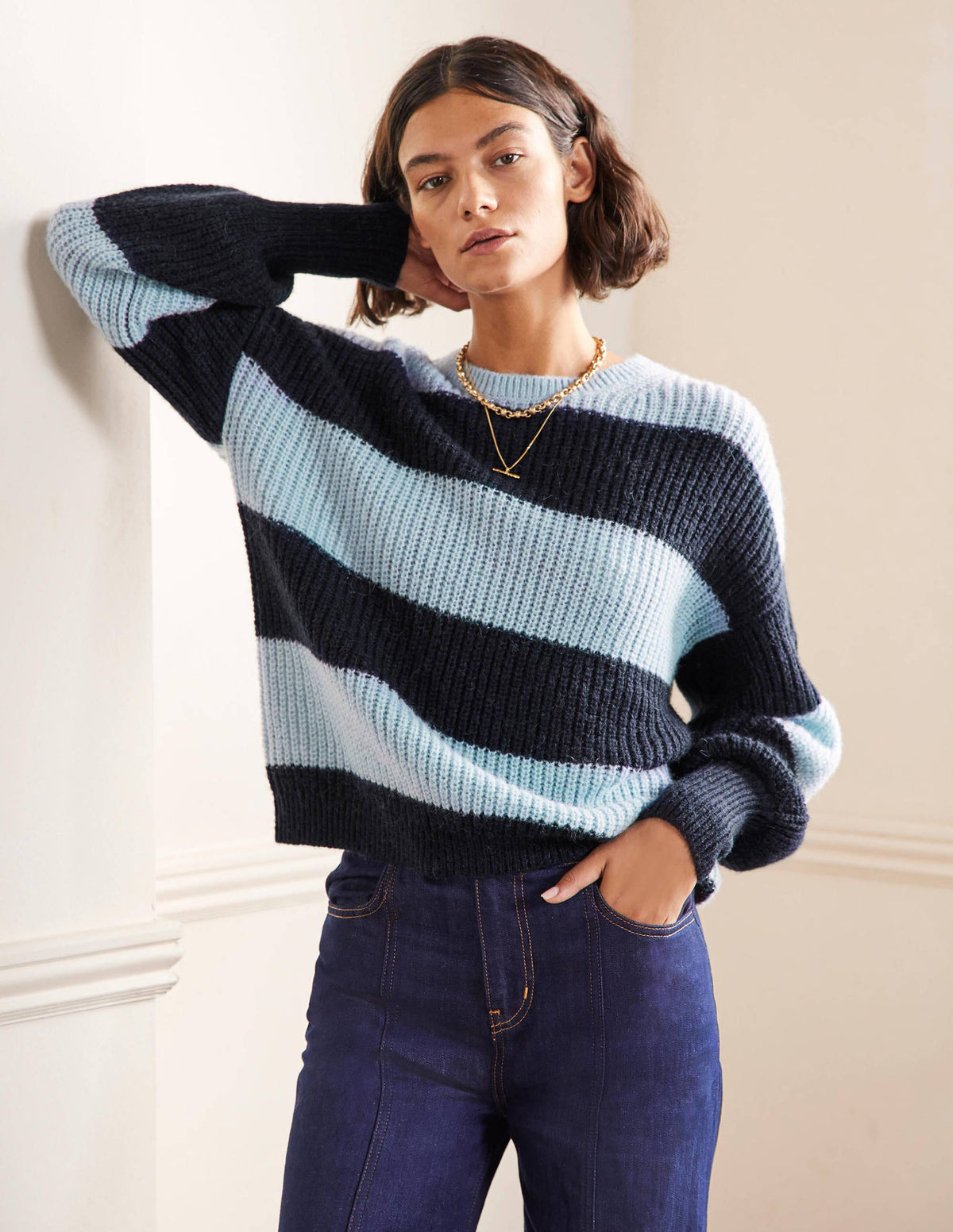Blouson Cuff Fluffy Sweater-Blue Multistripe-1