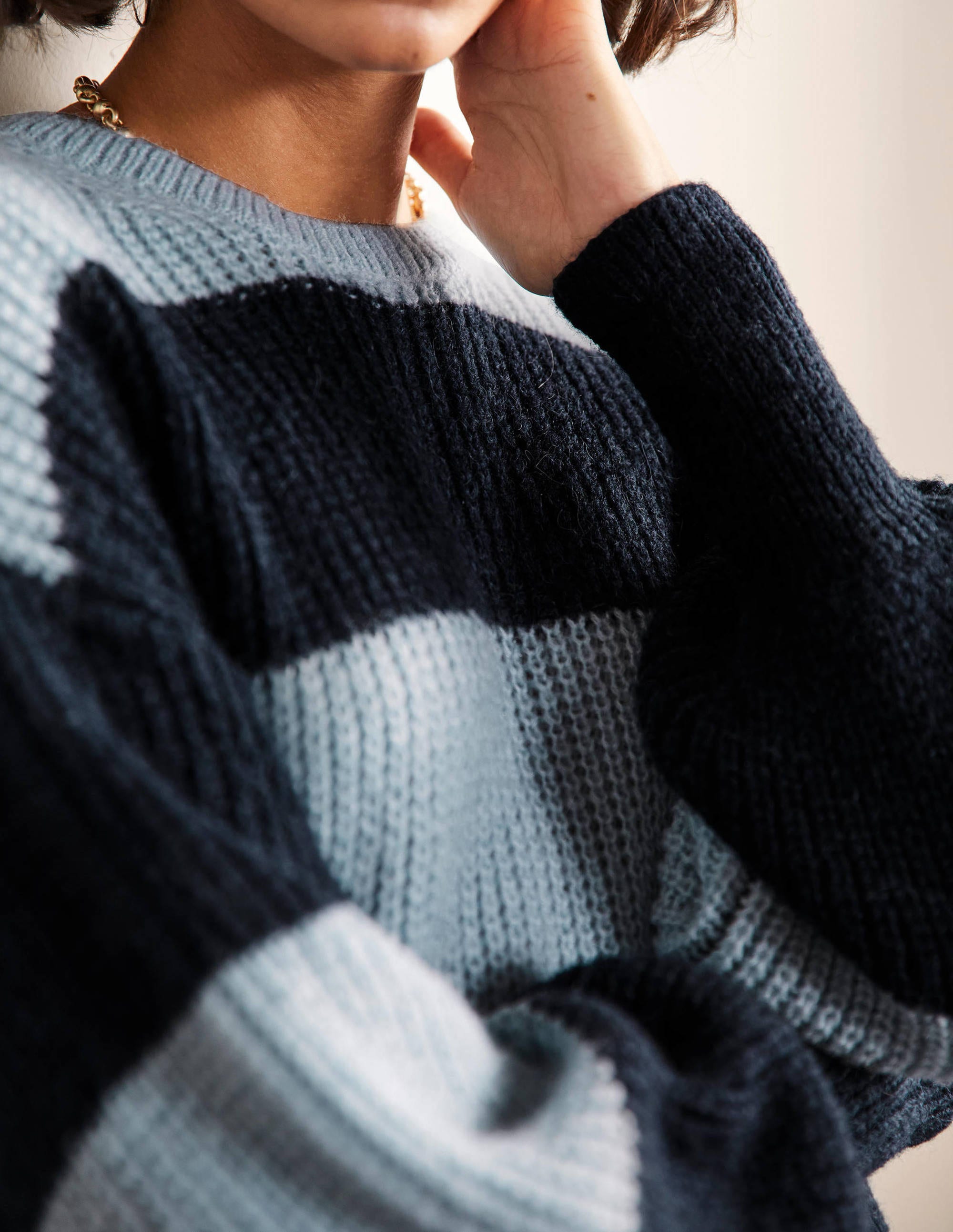 Blouson Cuff Fluffy Sweater-Blue Multistripe - Image 2