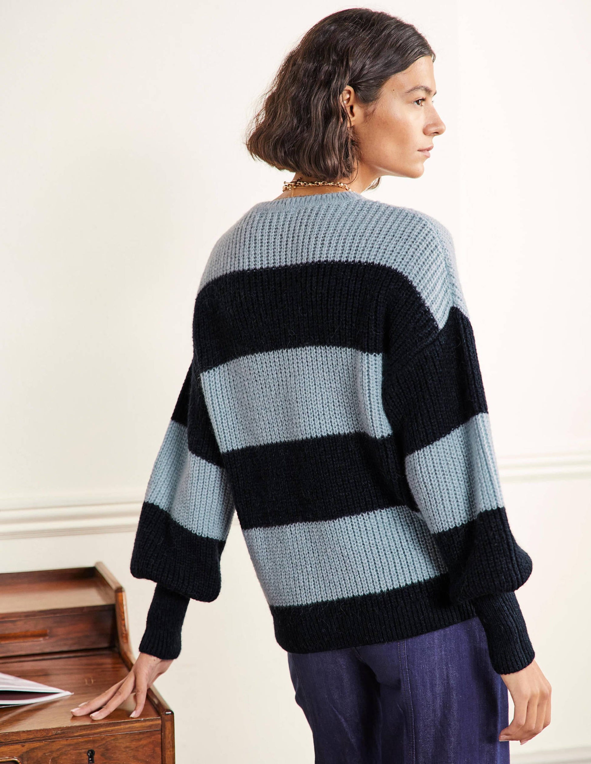 Blouson Cuff Fluffy Sweater-Blue Multistripe-3