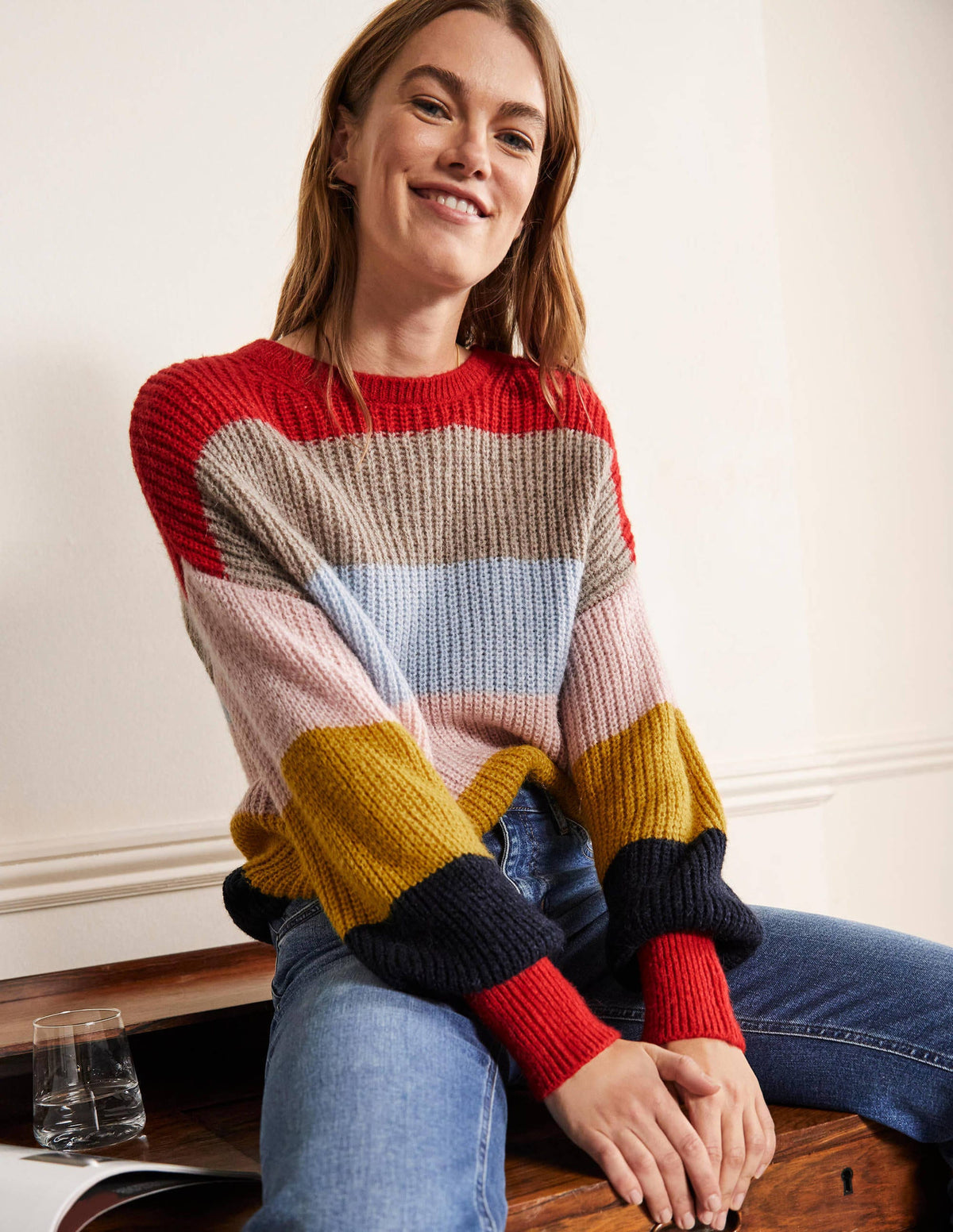 Blouson Cuff Fluffy Sweater-Fluffy Rainbow Multi Stripe - Image 1