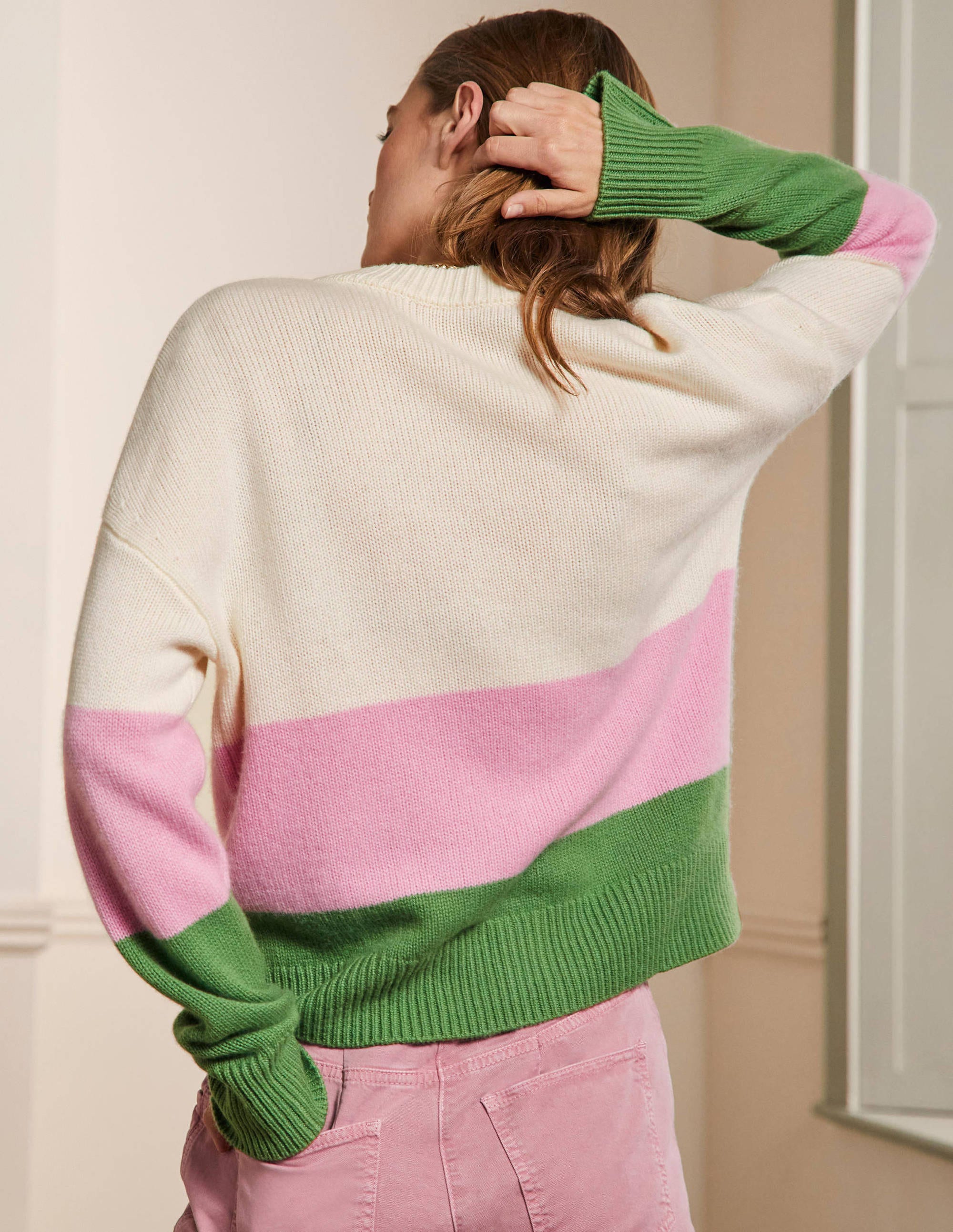 Chunky Cashmere Cardigan-English Ivy, Cameo Pink Stripe - Image 3