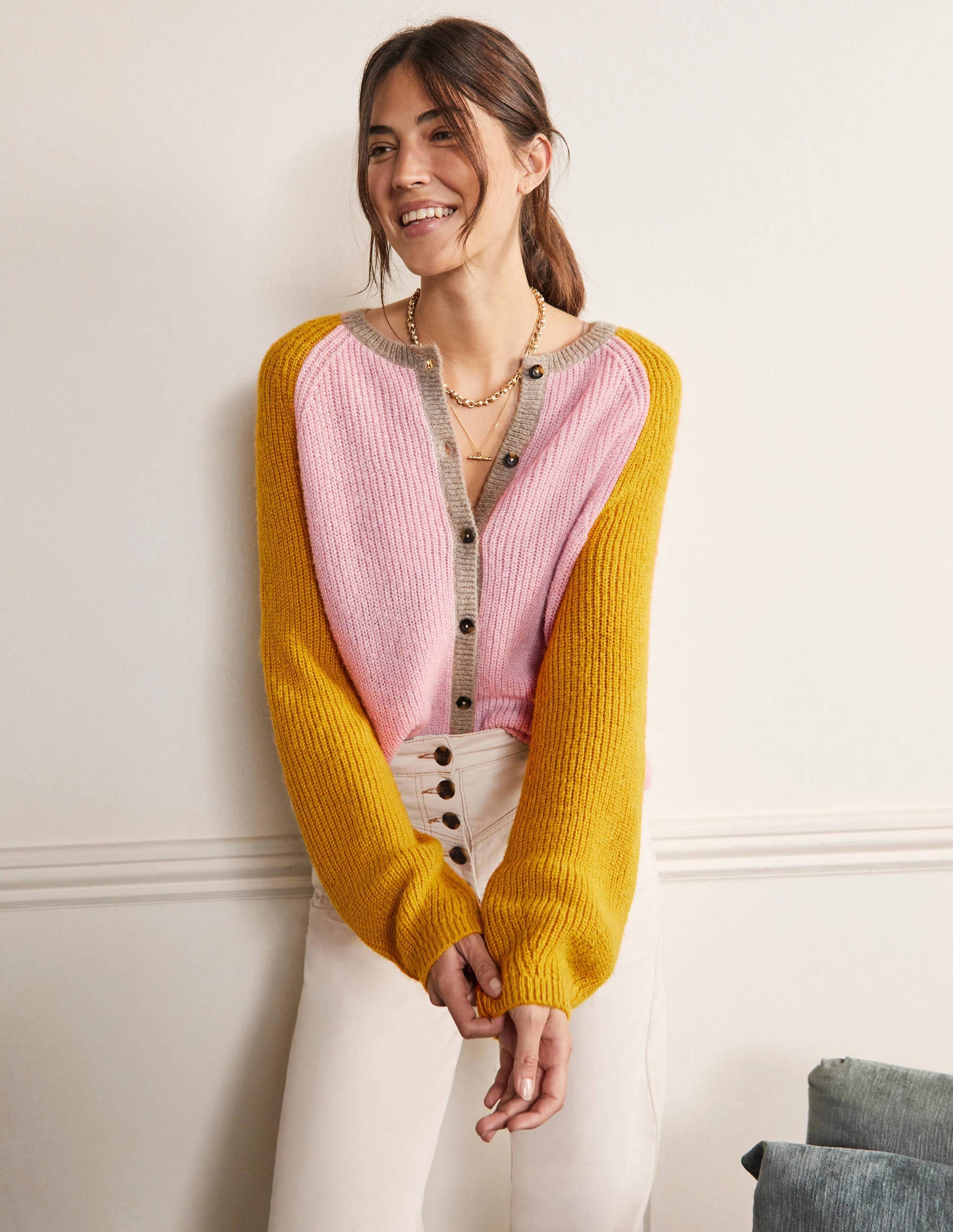 Fluffy Colourblock Cardigan-Milkshake, Olive Oil-1