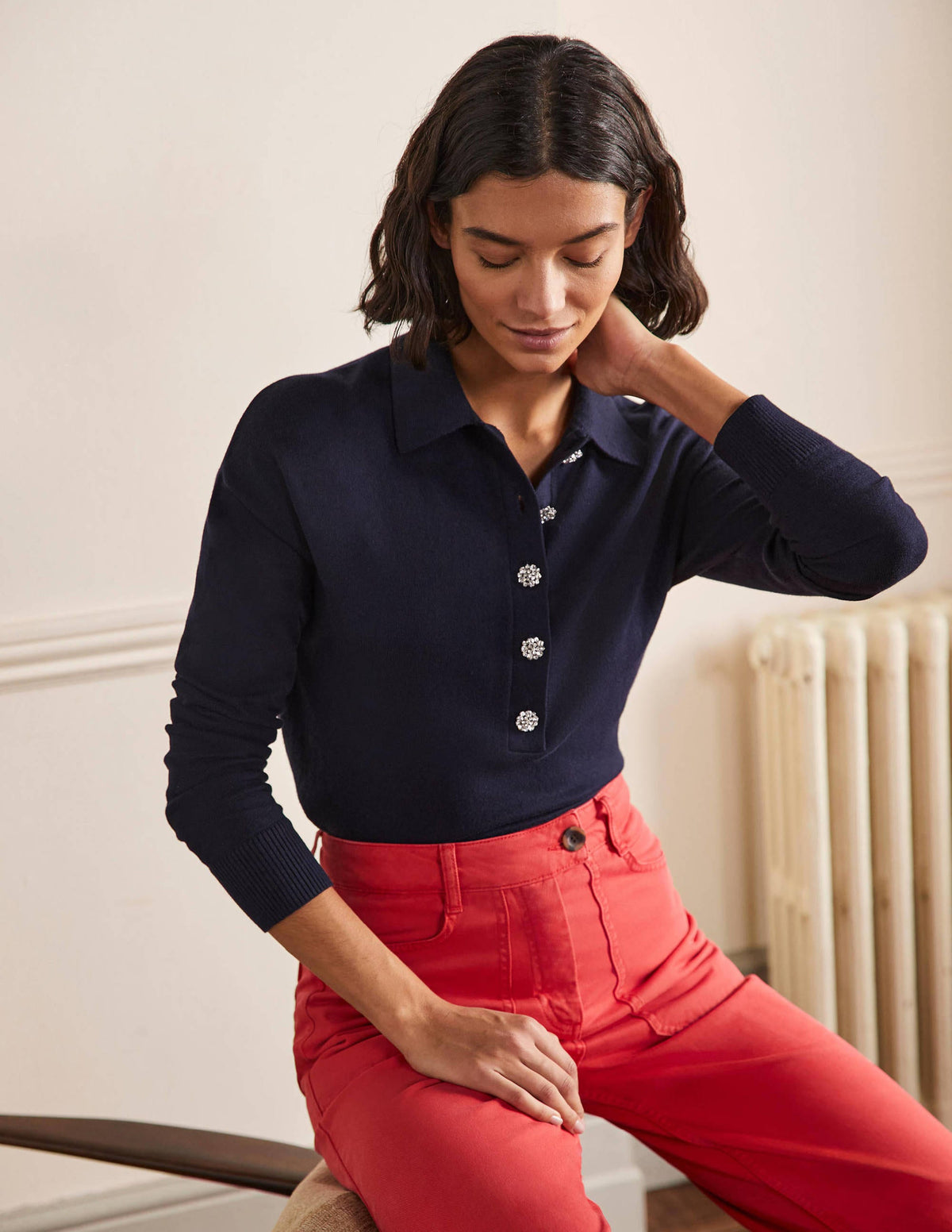 Jewelled Button Rugby Sweater-Navy - Image 1