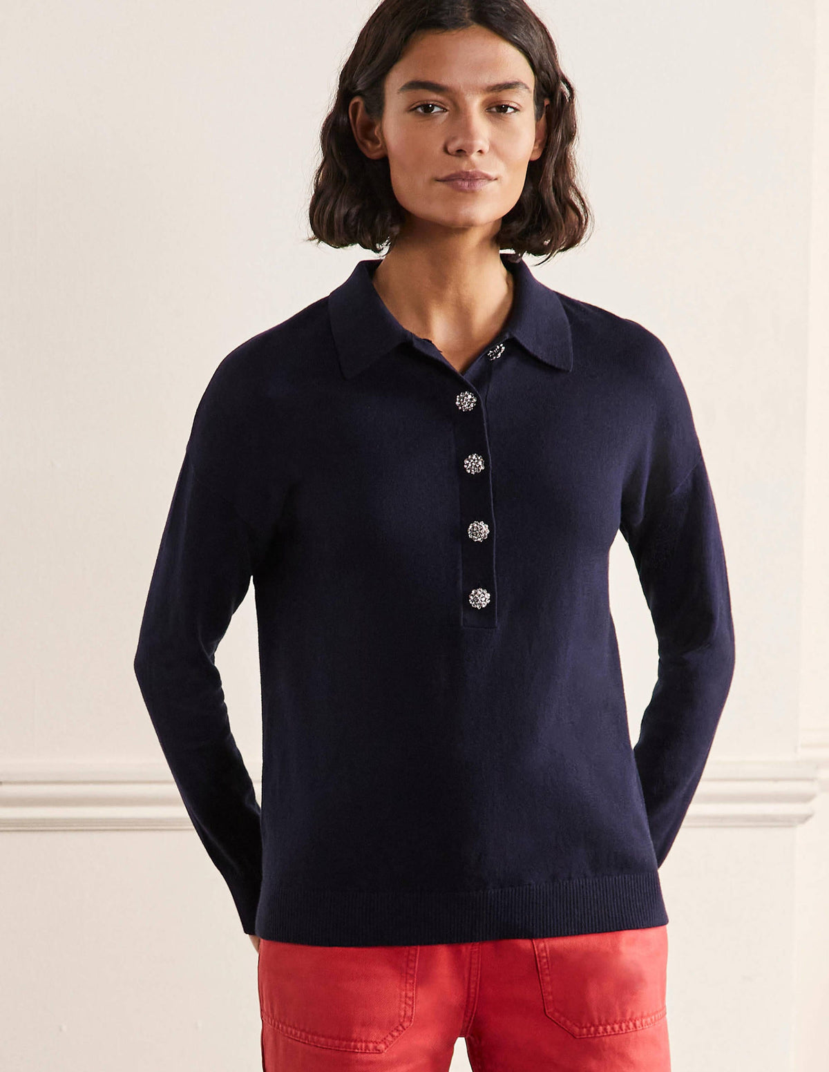 Jewelled Button Rugby Sweater-Navy - Image 5