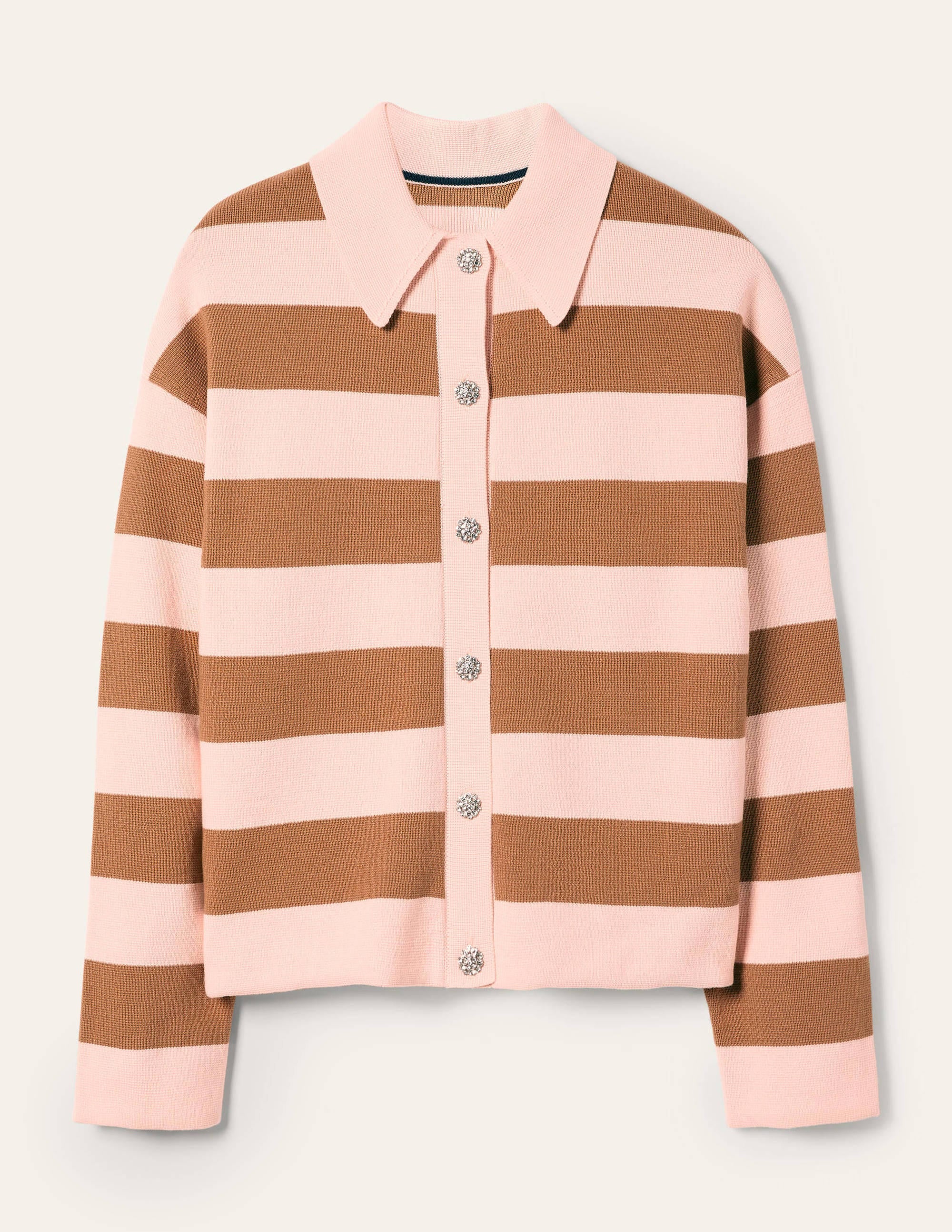 Jewel Button Collared Cardigan-Milkshake, Camel Stripe - Image 5