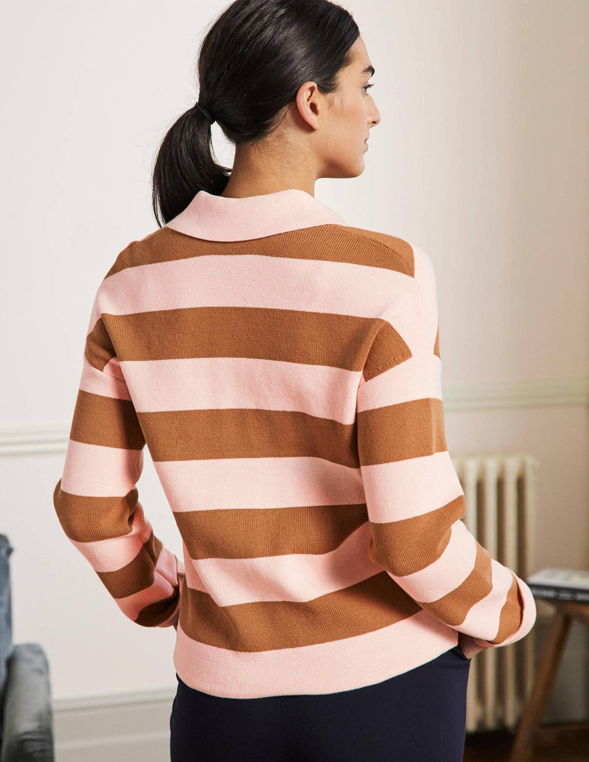 Jewel Button Collared Cardigan-Milkshake, Camel Stripe - Image 3