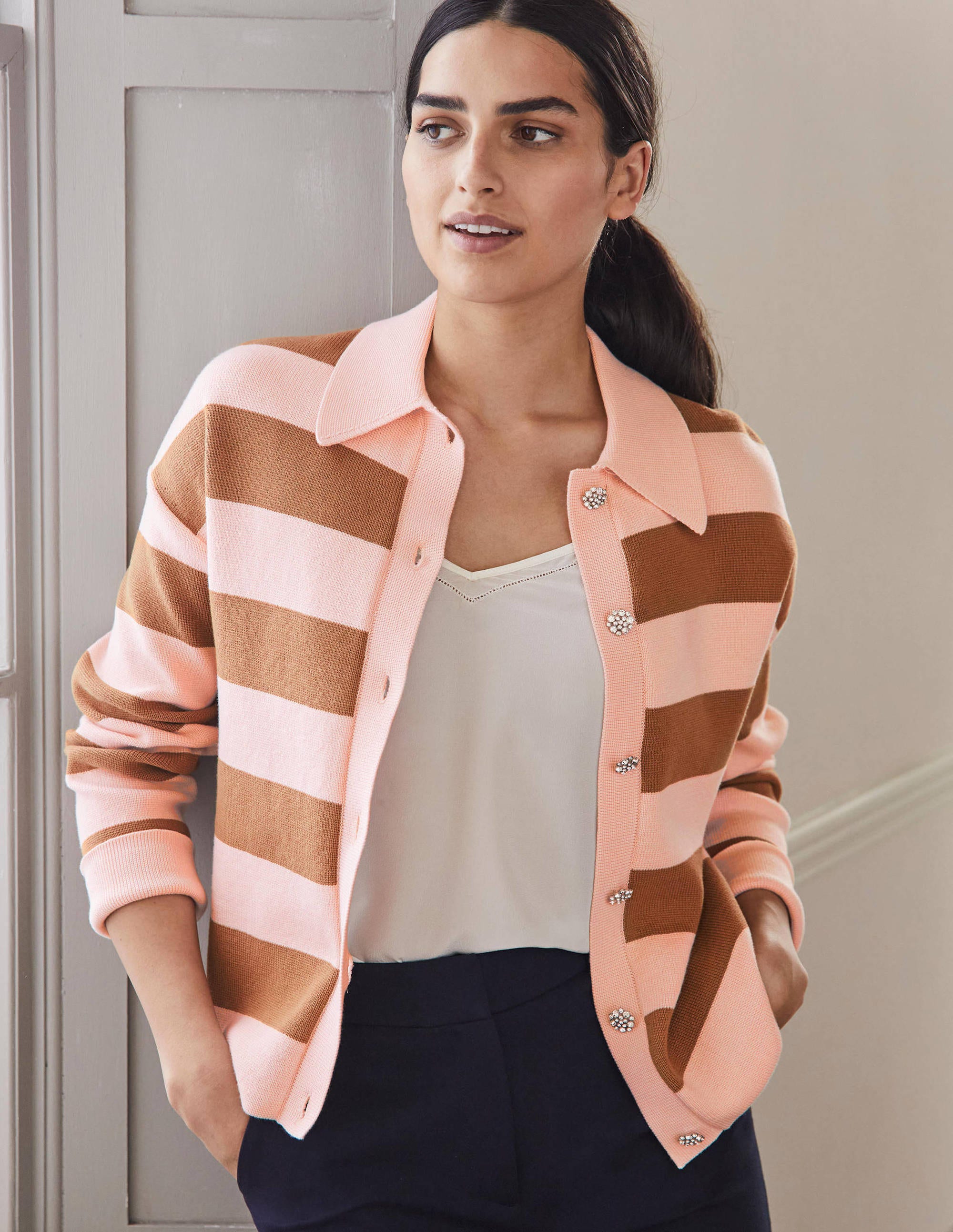 Jewel Button Collared Cardigan-Milkshake, Camel Stripe - Image 4