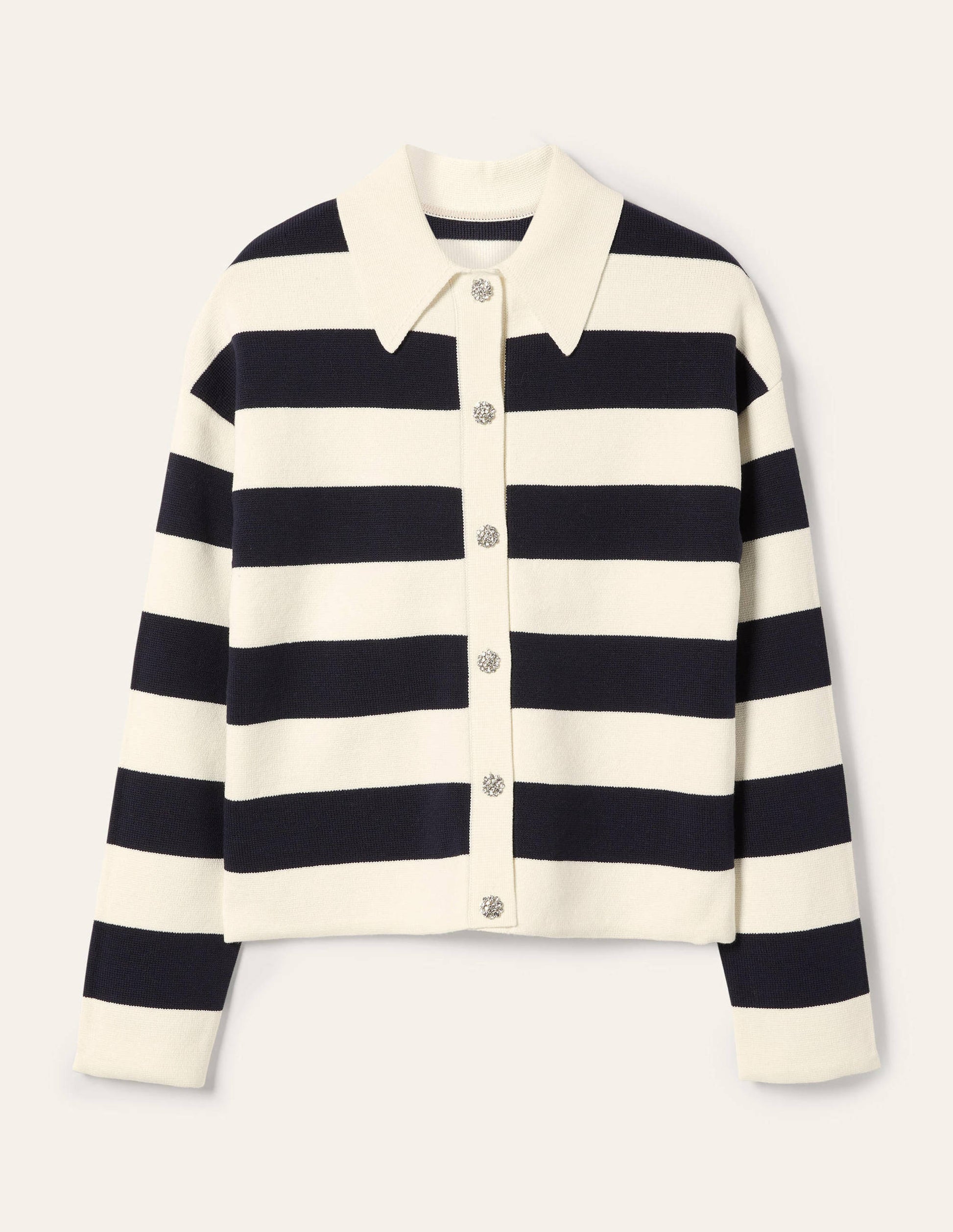 Jewel Button Collared Cardigan-Ivory Mélange, Navy Stripe-5