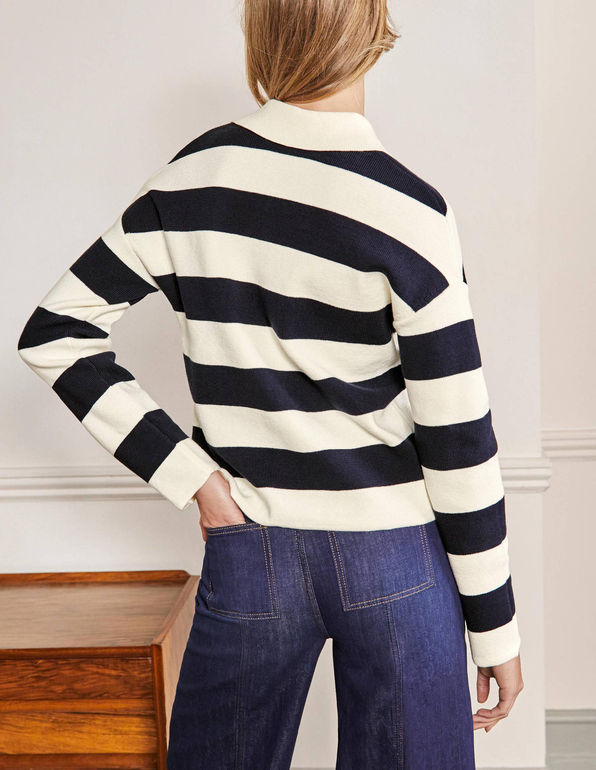 Jewel Button Collared Cardigan-Ivory Mélange, Navy Stripe-3