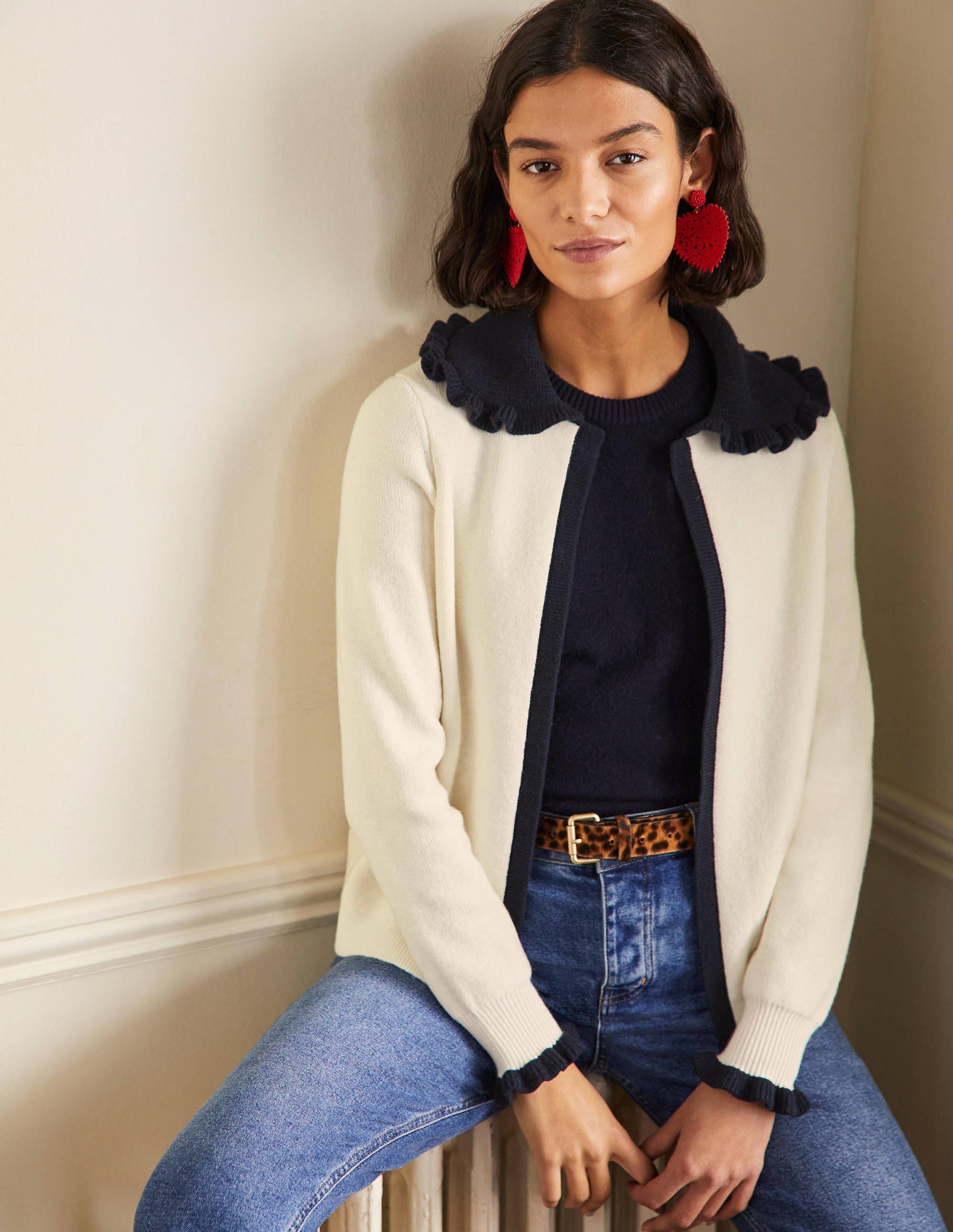 Frill Collared Cardigan-Ivory/Navy - Image 1