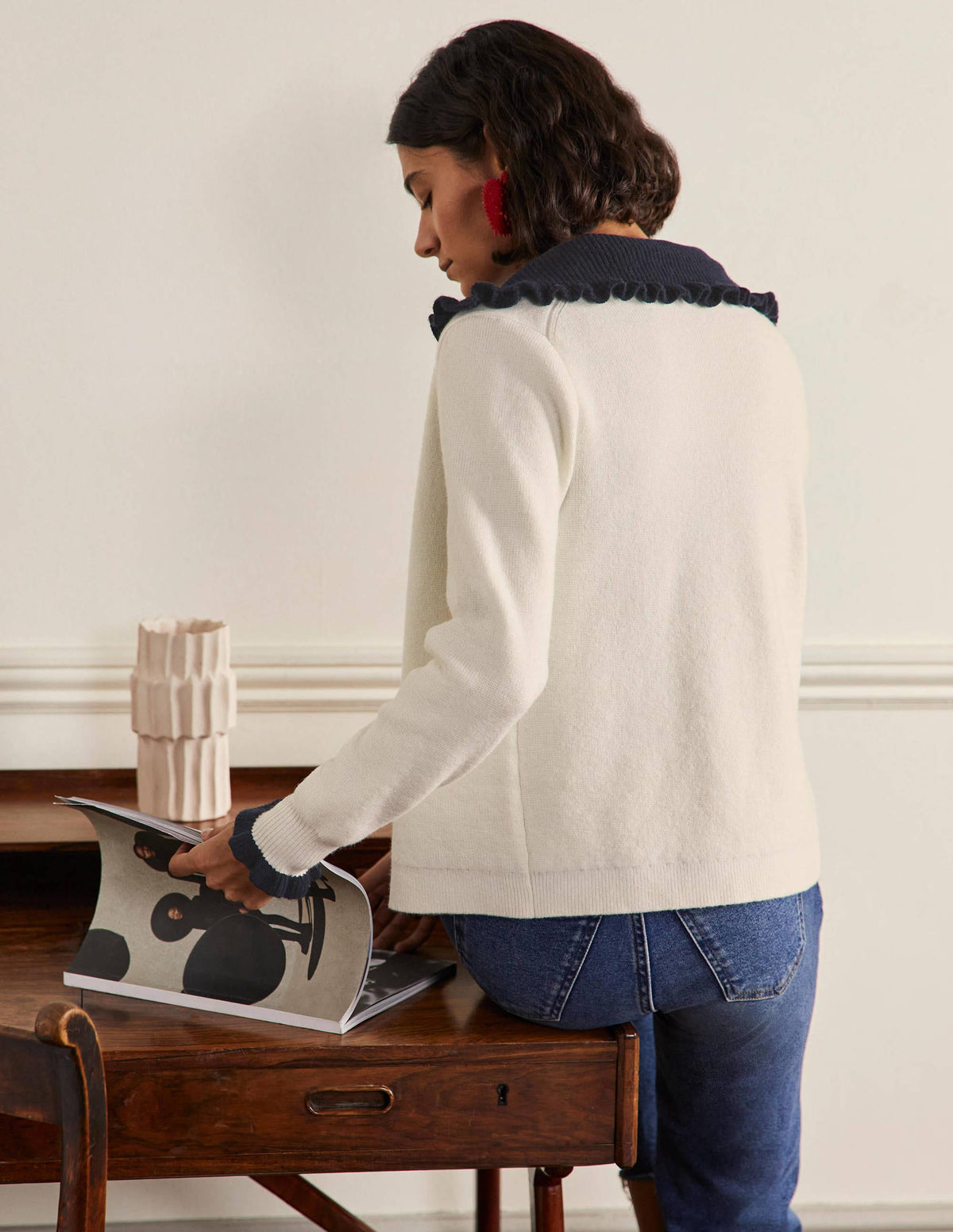 Frill Collared Cardigan-Ivory/Navy - Image 3