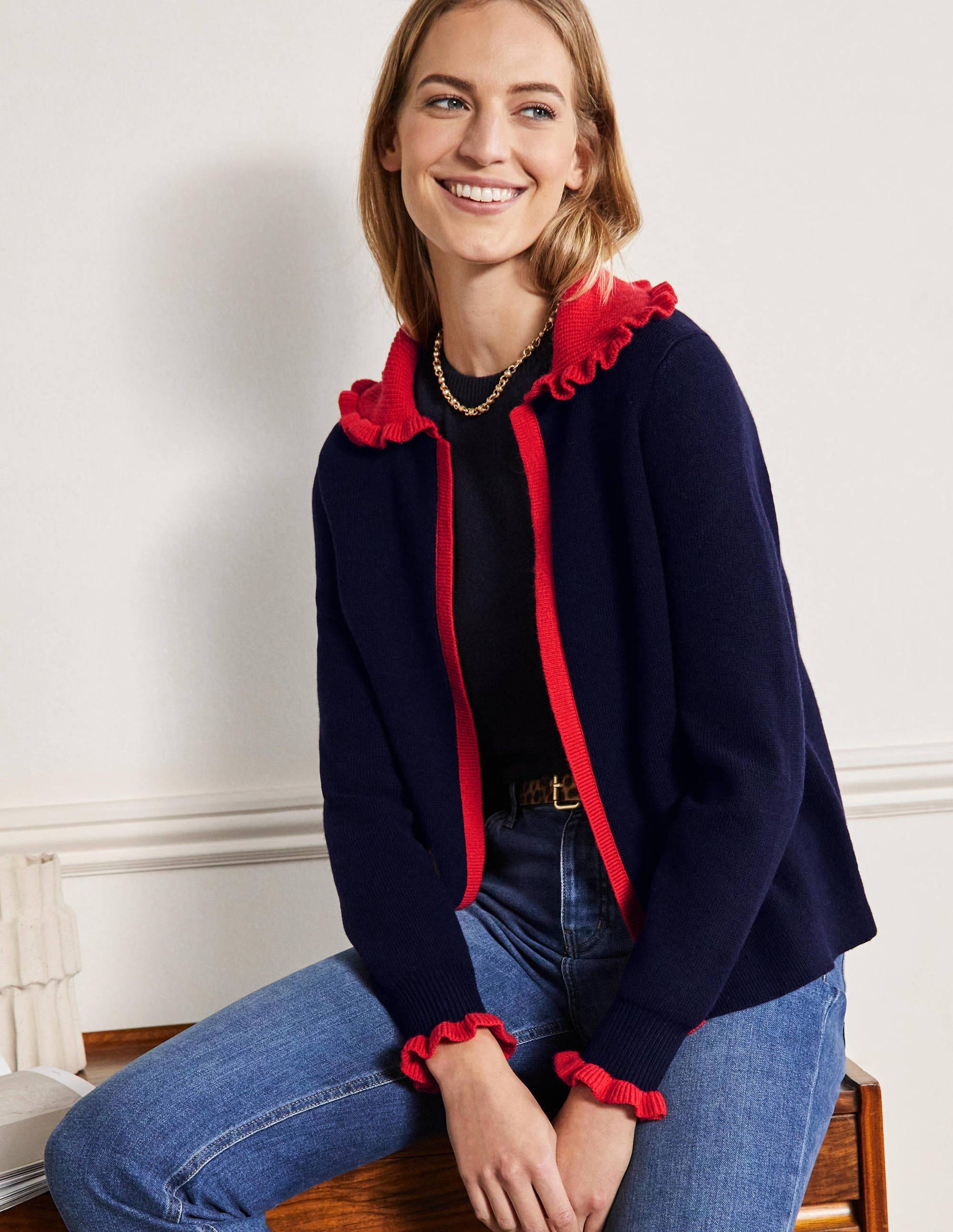 Frill Collared Cardigan-Navy/Bright Poppy-1