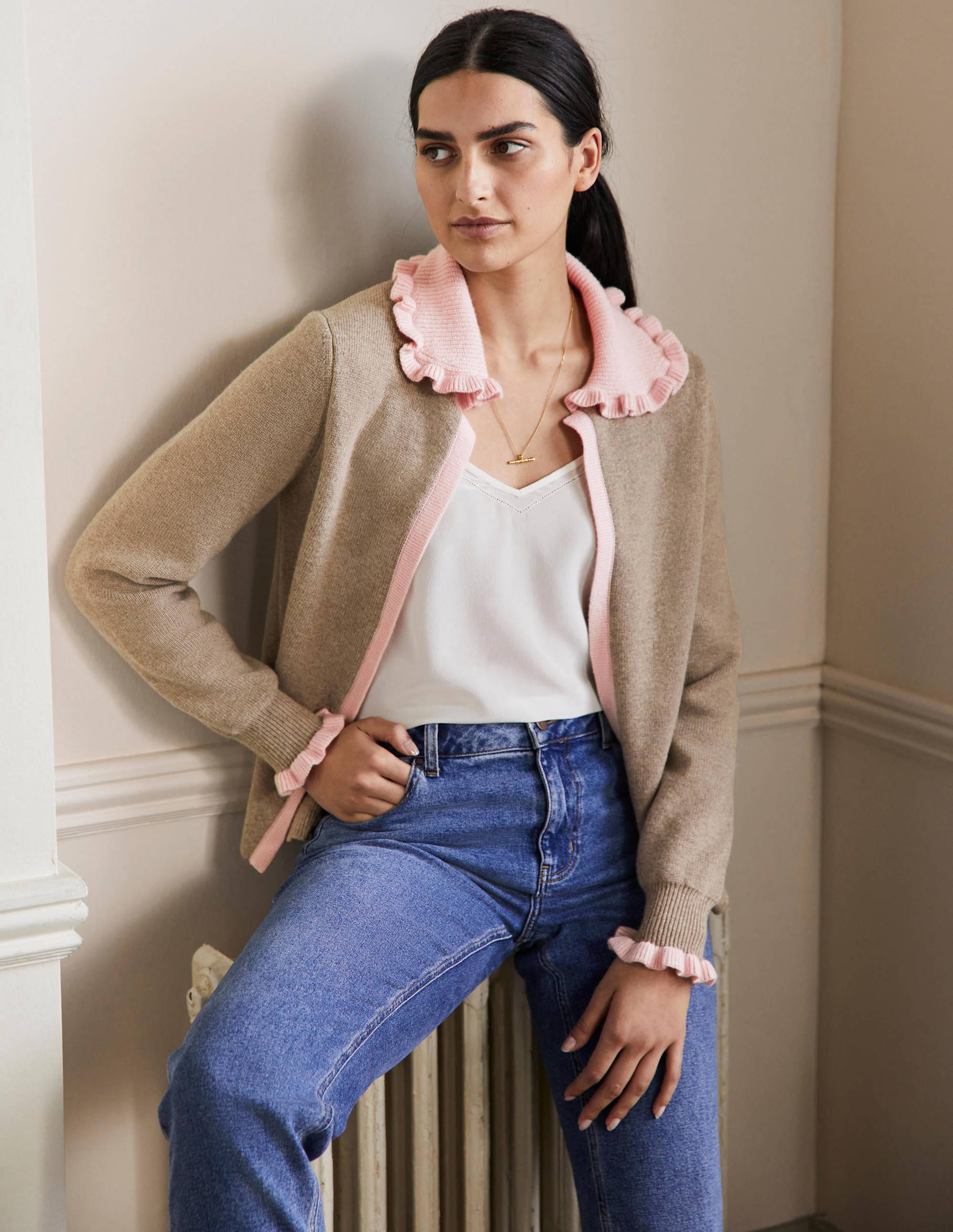 Frill Collared Cardigan-Dark Mink Melange/Milkshake - Image 1