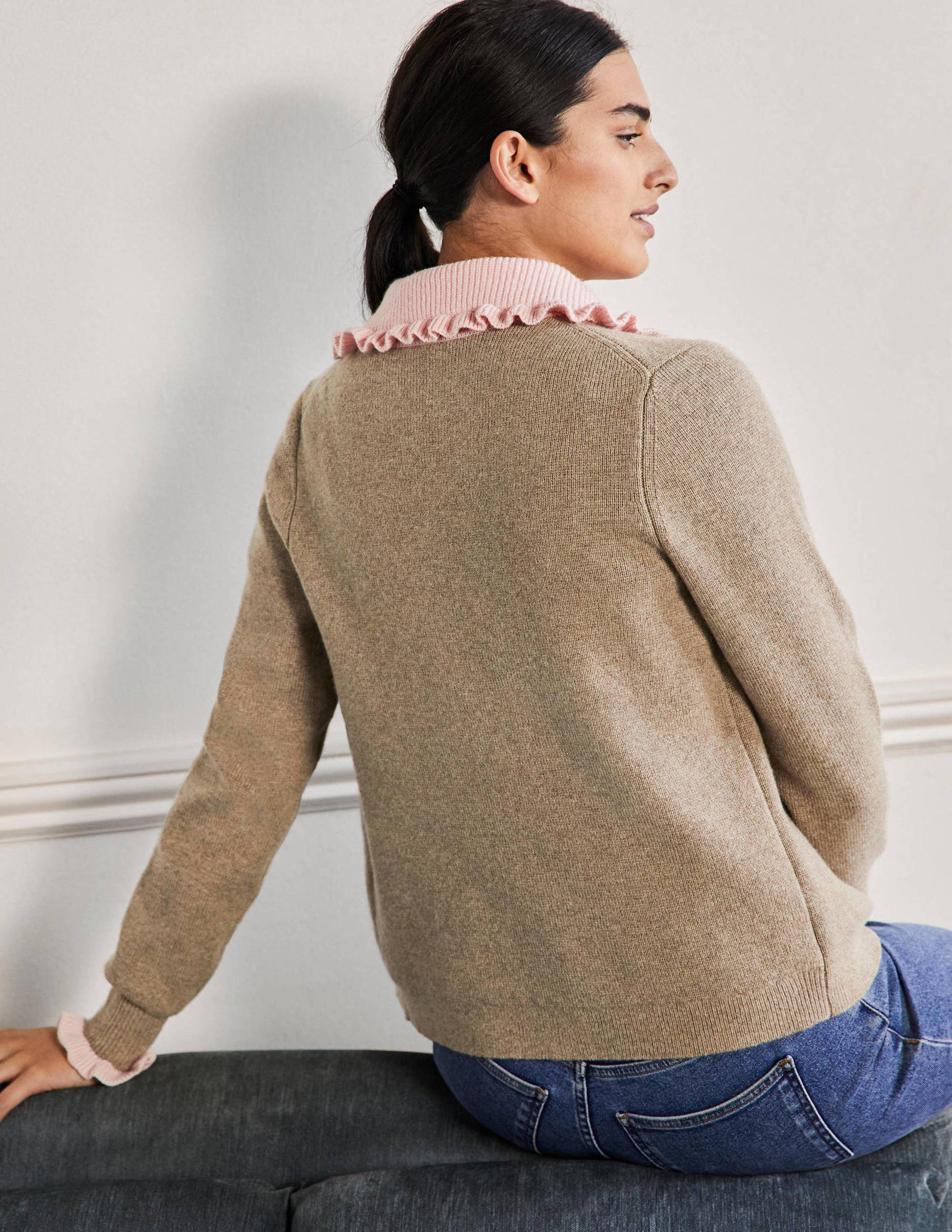 Frill Collared Cardigan-Dark Mink Melange/Milkshake-3
