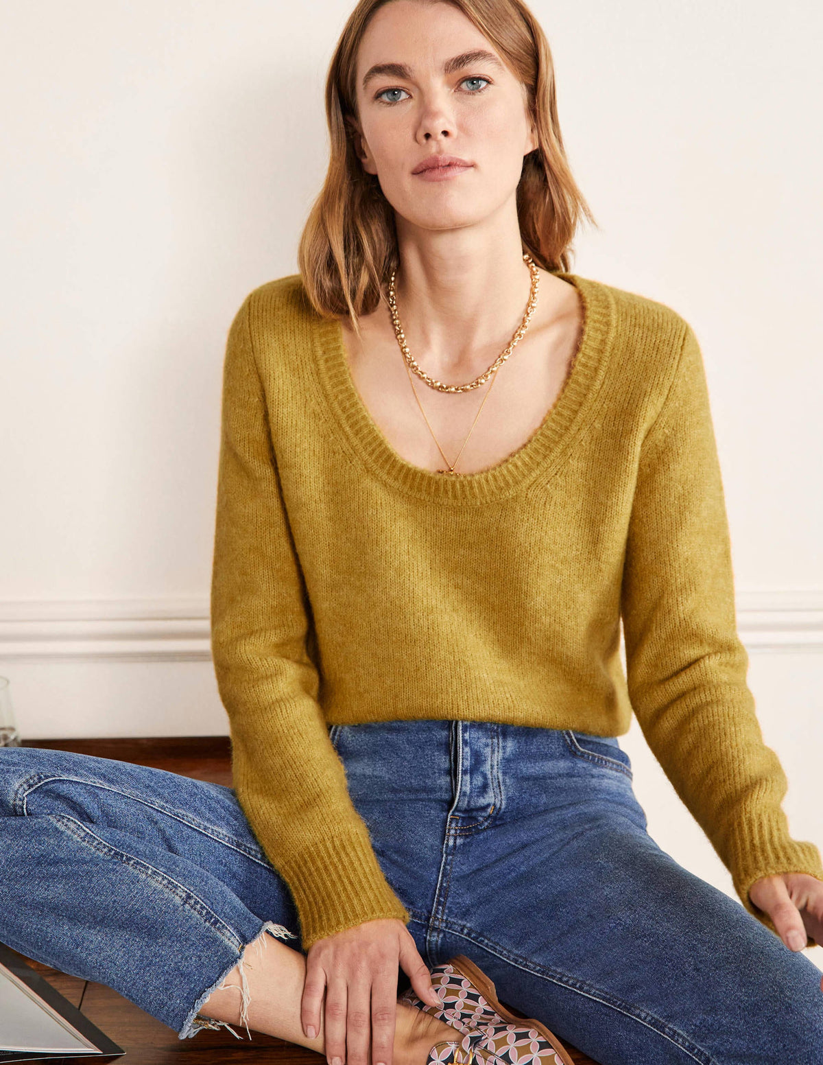 Scoop Neck Fluffy Sweater-Olive Oil - Image 1