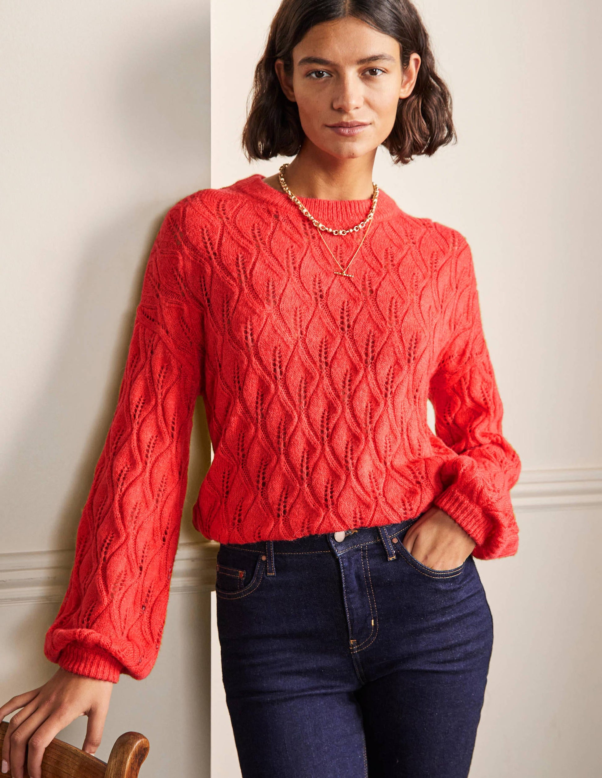 Pointelle Fluffy Sweater-Bright Coral-1