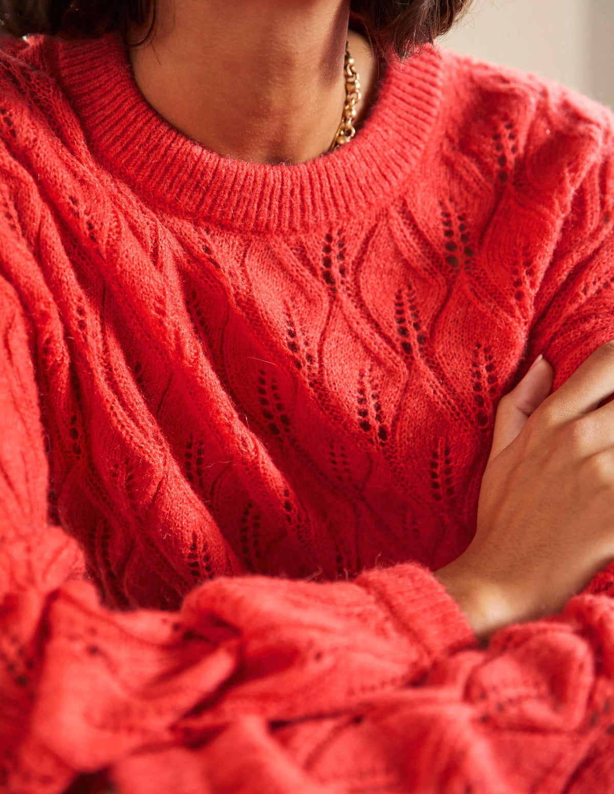 Pointelle Fluffy Sweater-Bright Coral - Image 2