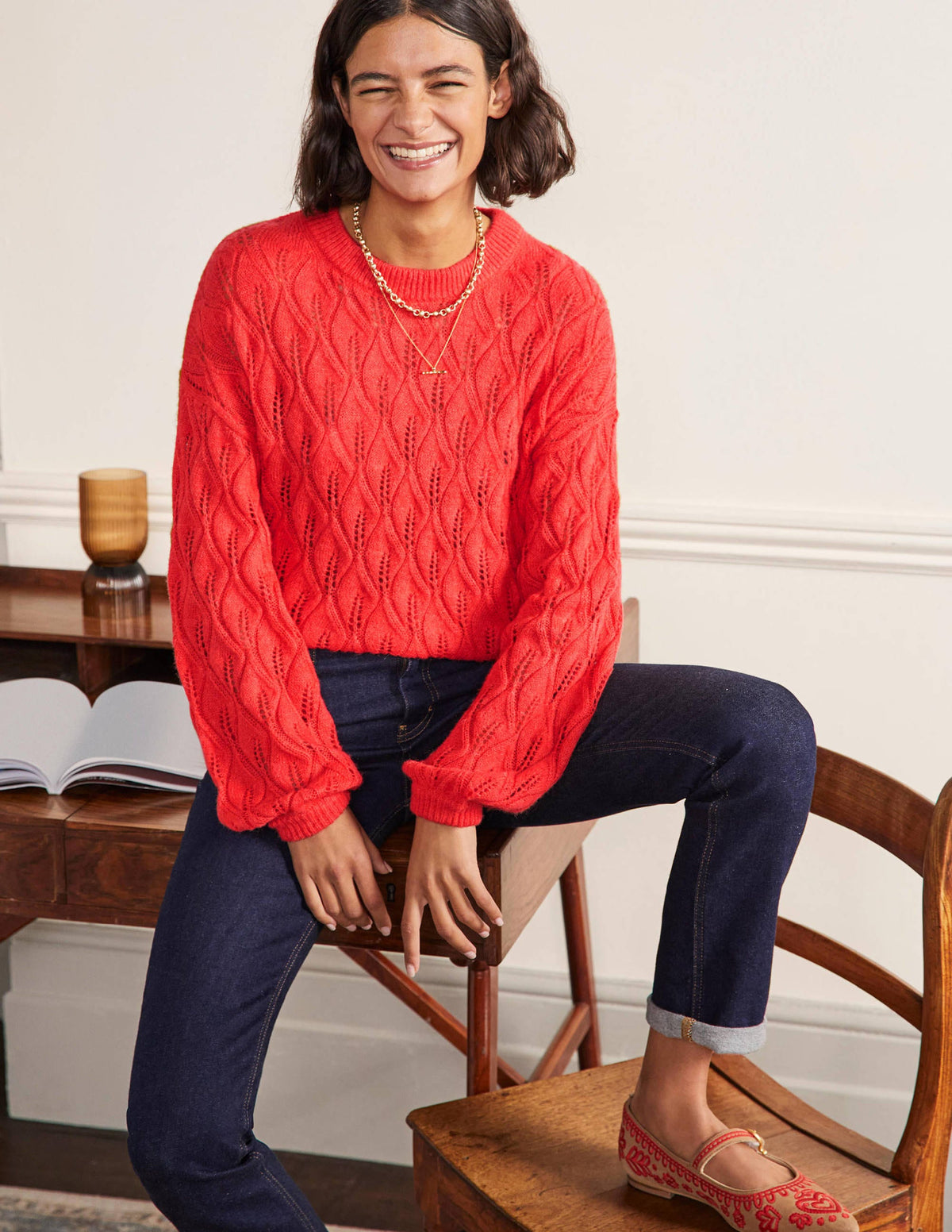 Pointelle Fluffy Sweater-Bright Coral-4