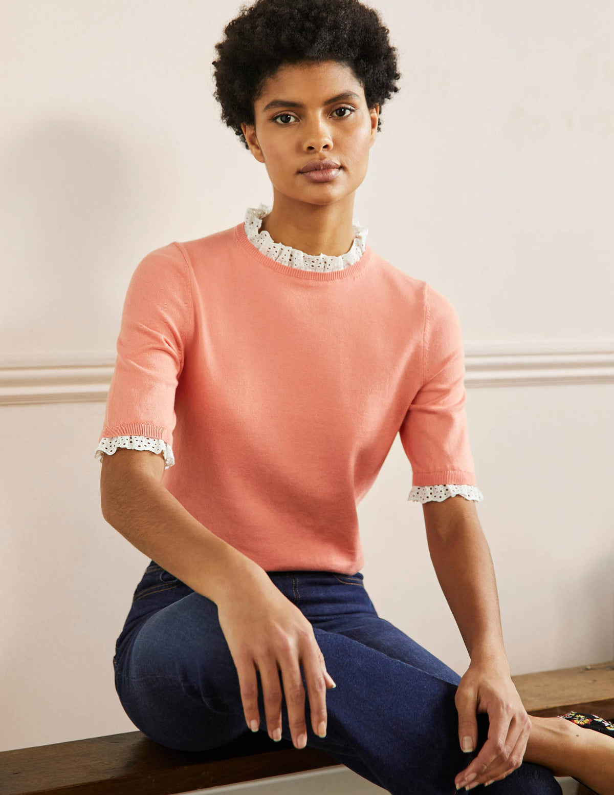 Woven Mix Knitted T-Shirt-Chalky Coral-1