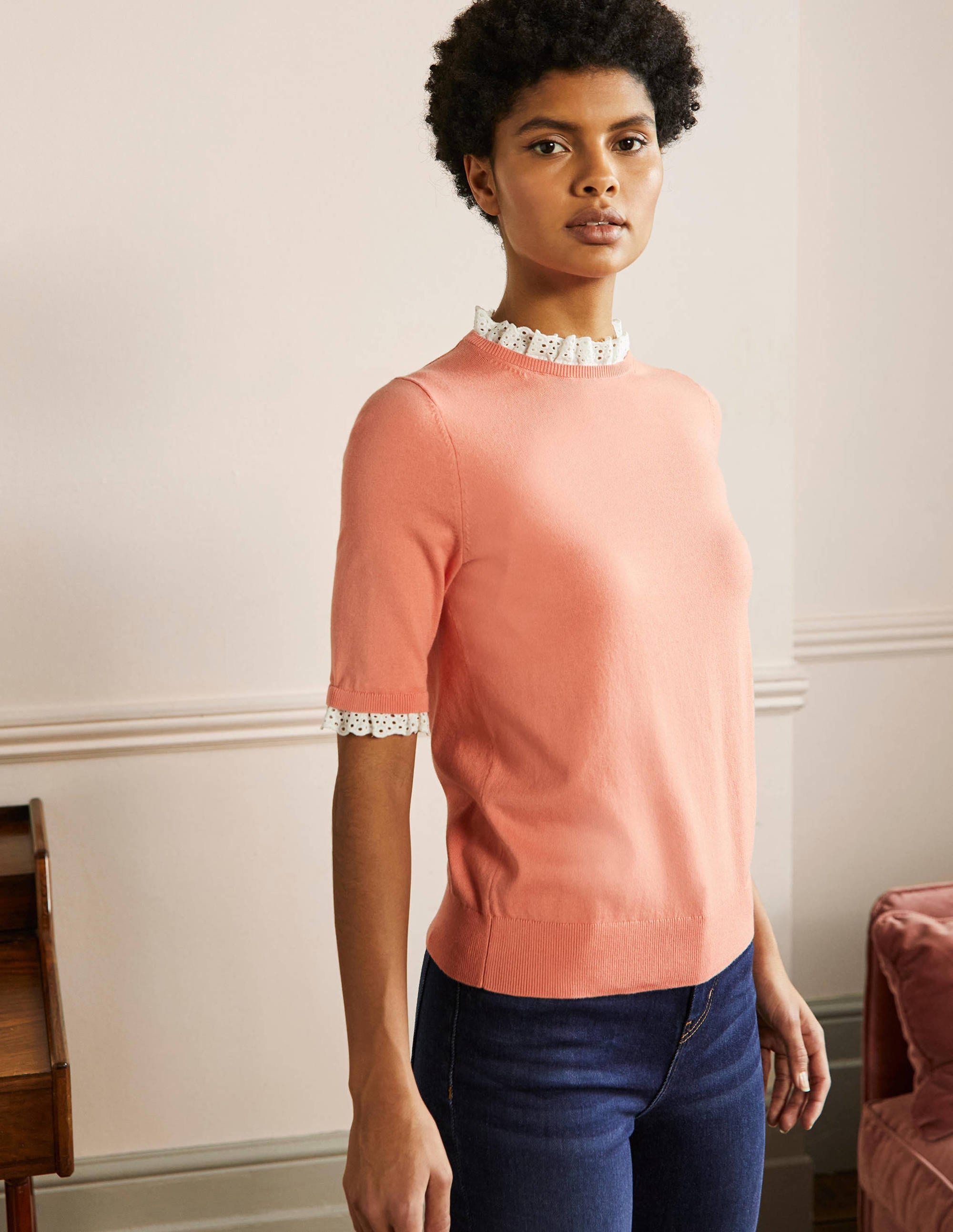 Woven Mix Knitted T-Shirt-Chalky Coral - Image 4