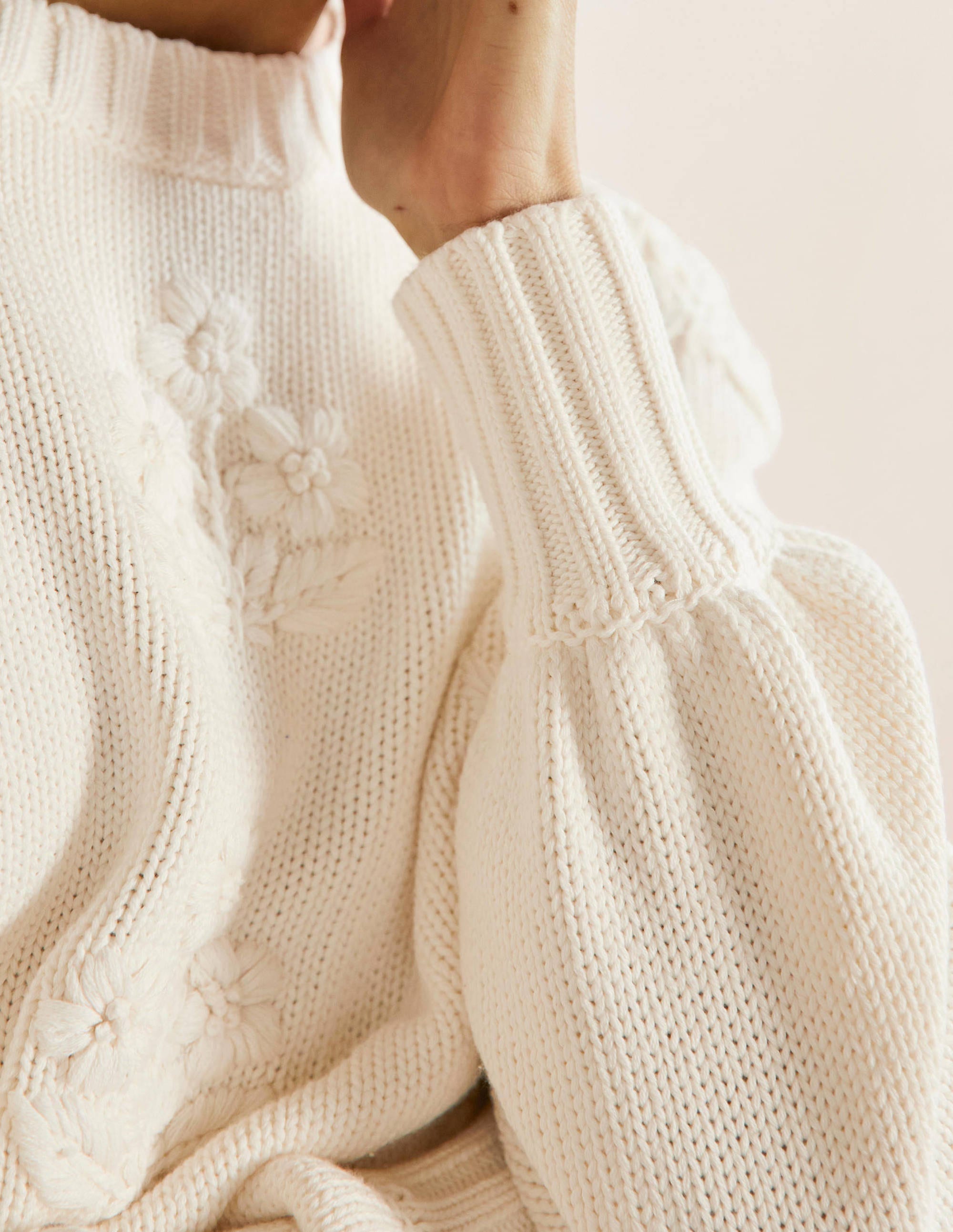 Embroidered Blouson Sweater-Ivory, Embroidery - Image 2