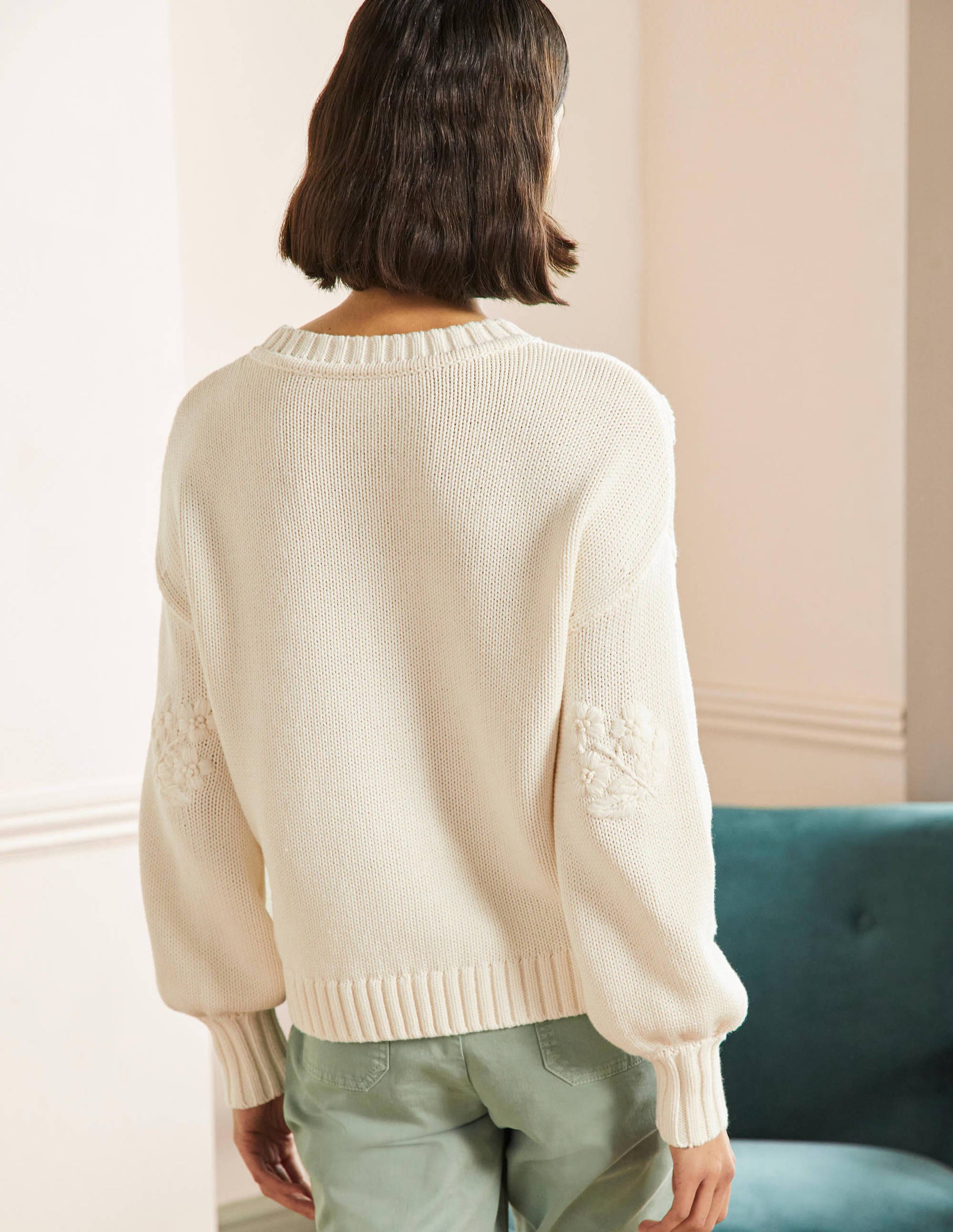 Embroidered Blouson Sweater-Ivory, Embroidery - Image 3