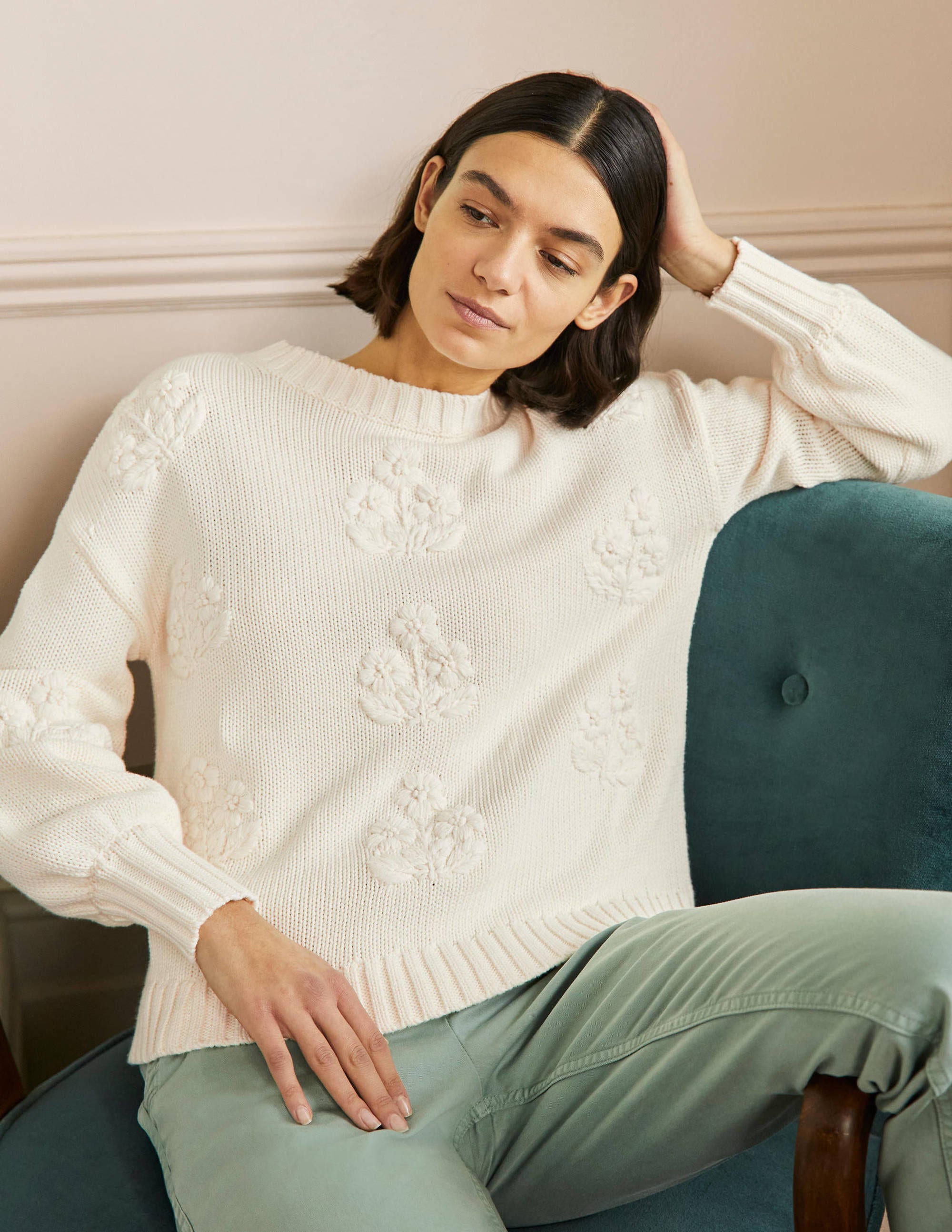 Embroidered Blouson Sweater-Ivory, Embroidery - Image 4