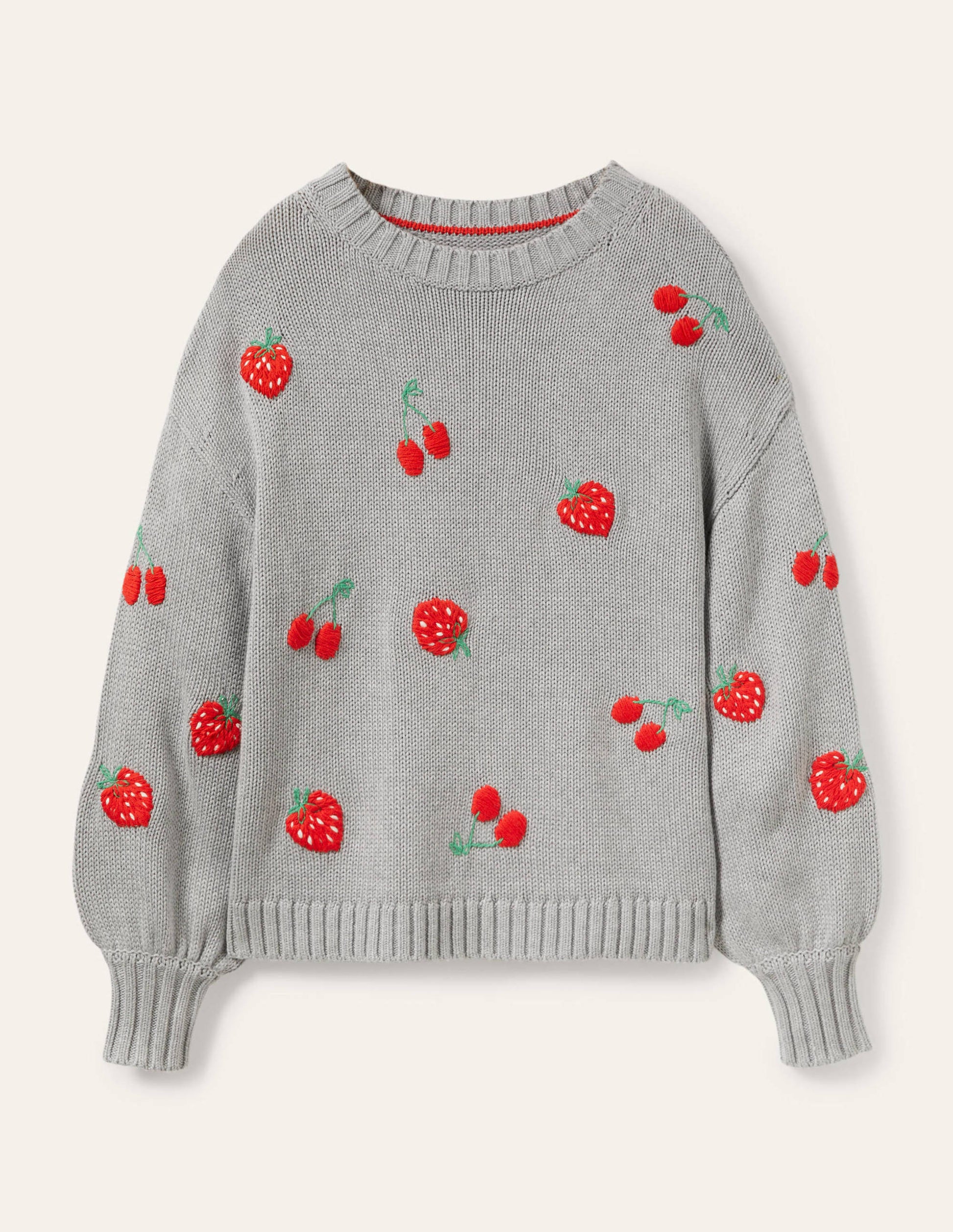 Embroidered Blouson Sweater-Silver Melange, Berries-6