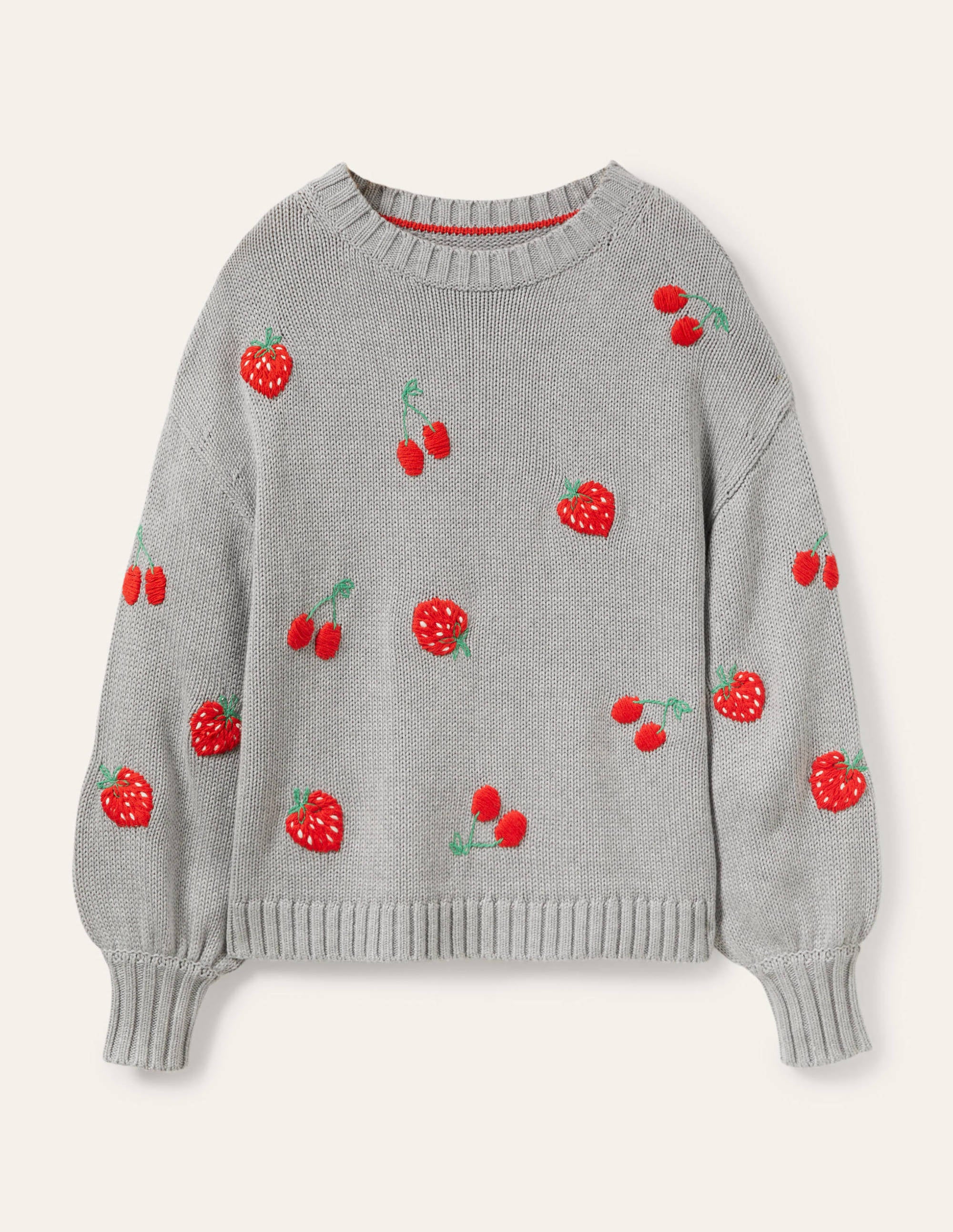 Embroidered Blouson Sweater-Silver Melange, Berries - Image 6
