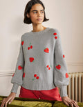 Embroidered Blouson Sweater-Silver Melange, Berries